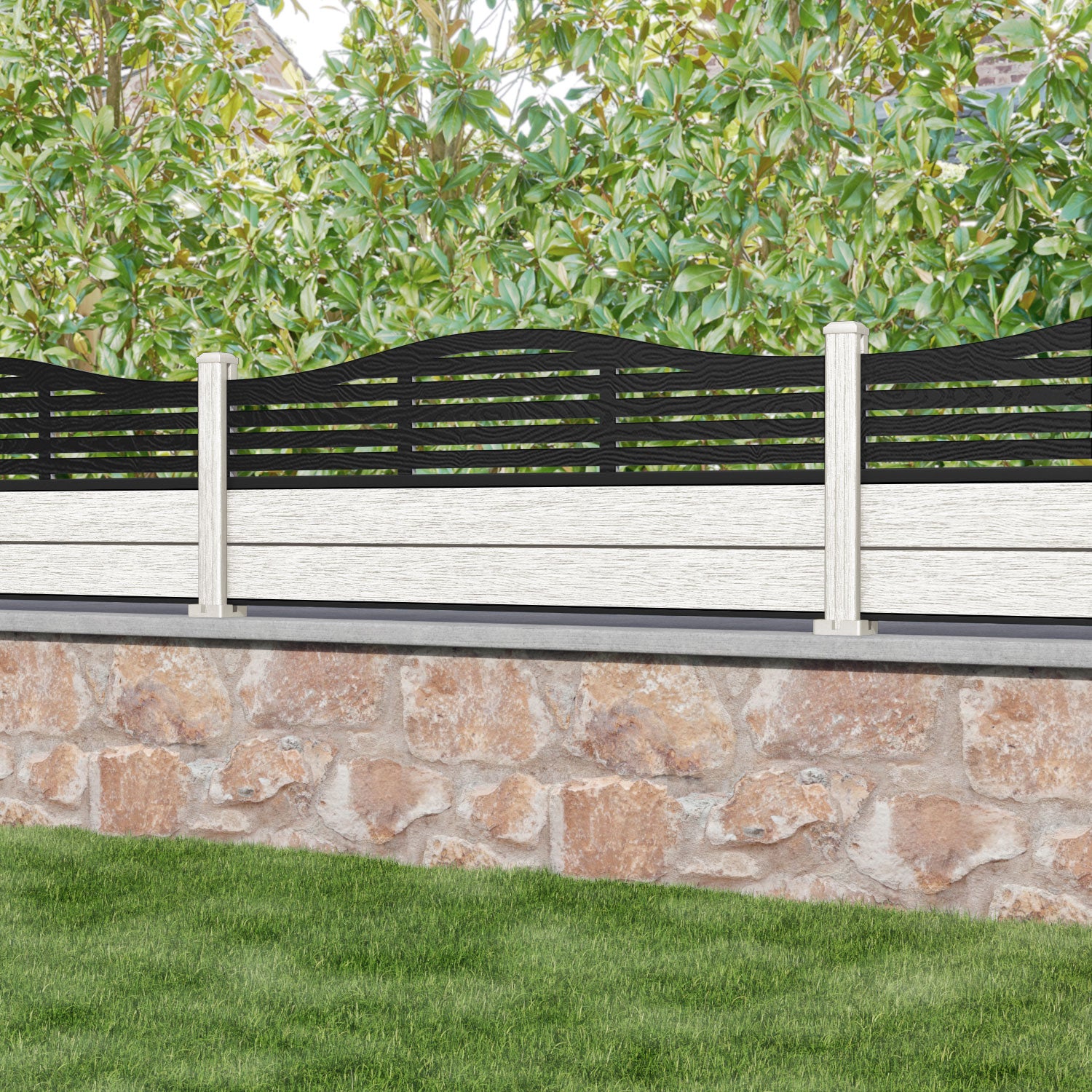 Fusion Aspen Curved Top Fence Panel - Light Stone - with our composite posts