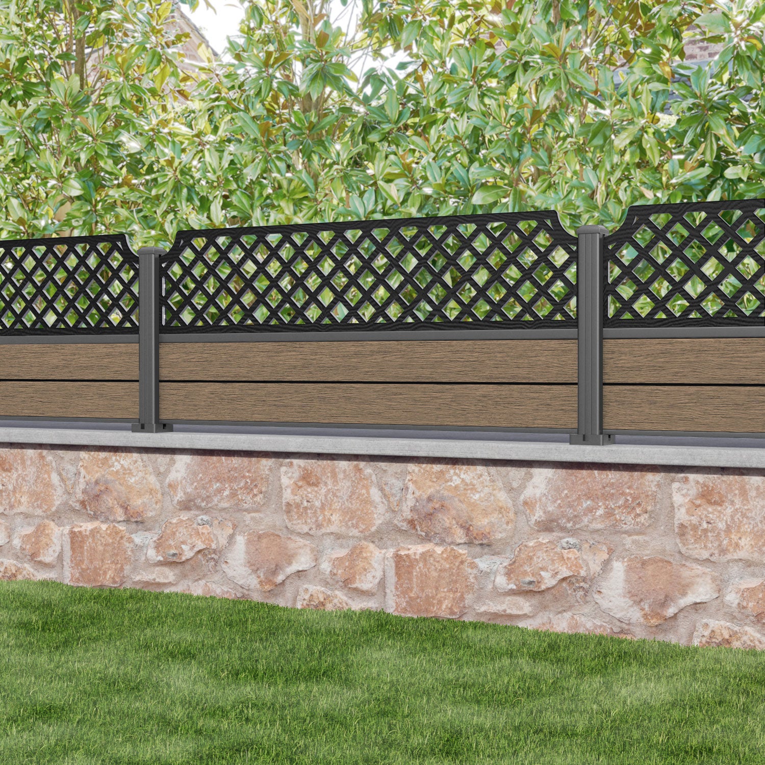 Fusion Regal Hive Fence Panel - Teak - with our aluminium posts