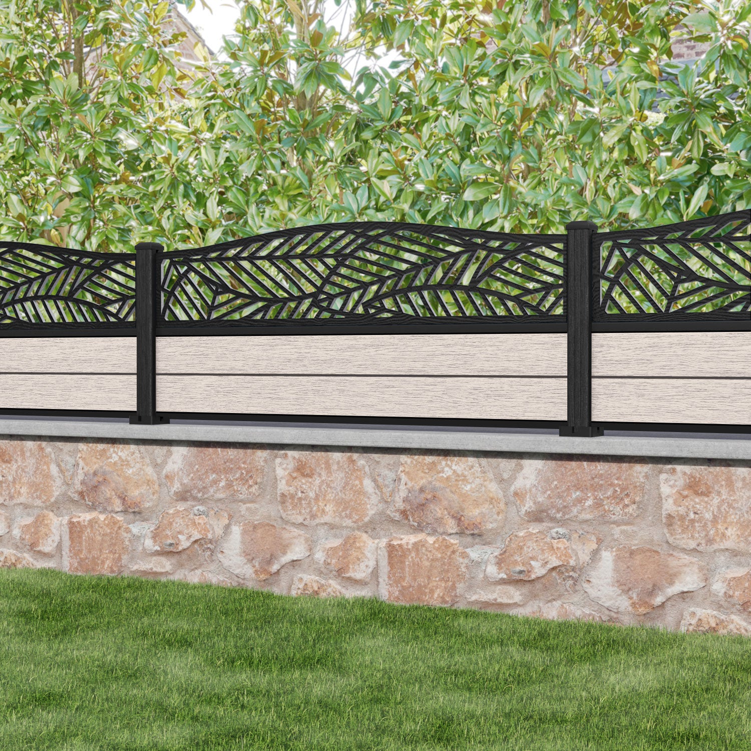 Fusion Habitat Curved Top Fence Panel - Mid Stone - with our composite posts