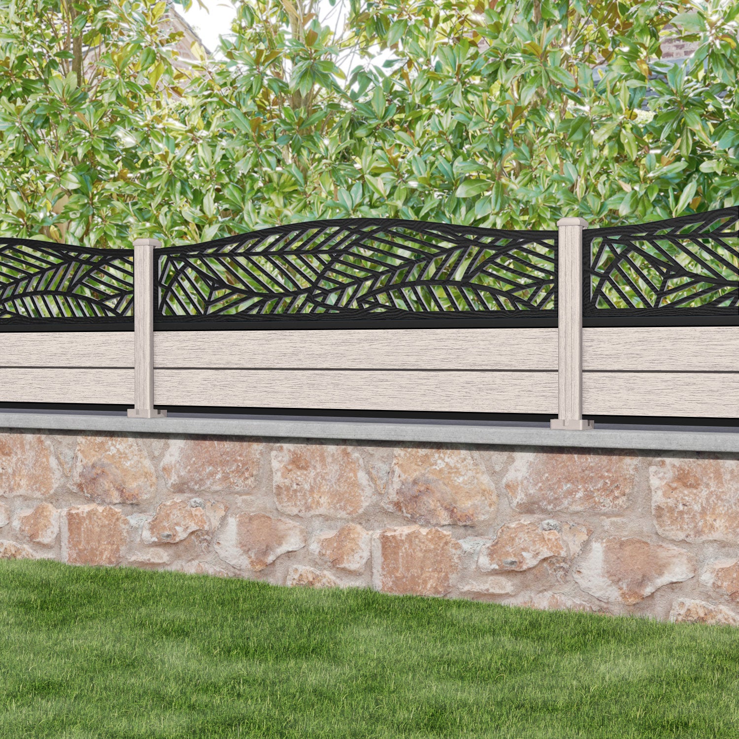 Fusion Habitat Curved Top Fence Panel - Mid Stone - with our composite posts