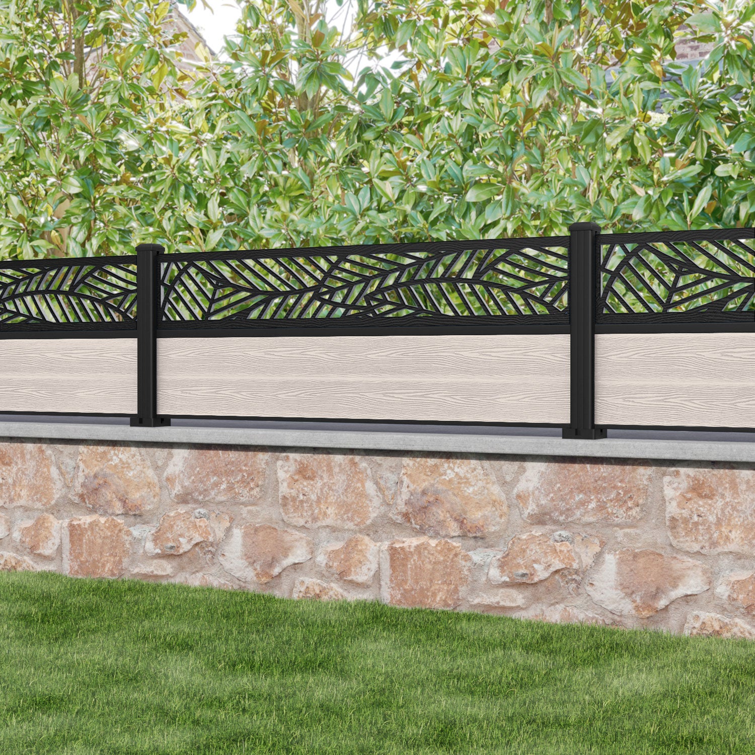 Classic Habitat Fence Panel - Mid Stone - with our aluminium posts