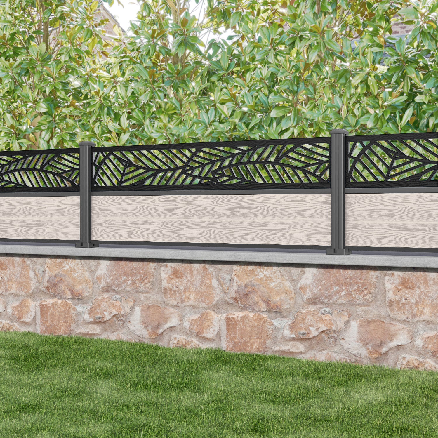 Classic Habitat Fence Panel - Mid Stone - with our aluminium posts
