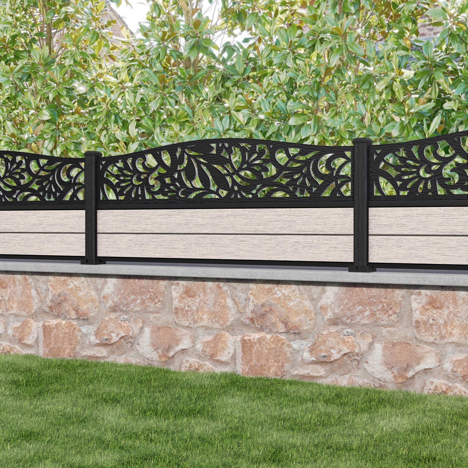 Fusion Heritage Curved Top Fence Panel - Mid Stone - with our composite posts
