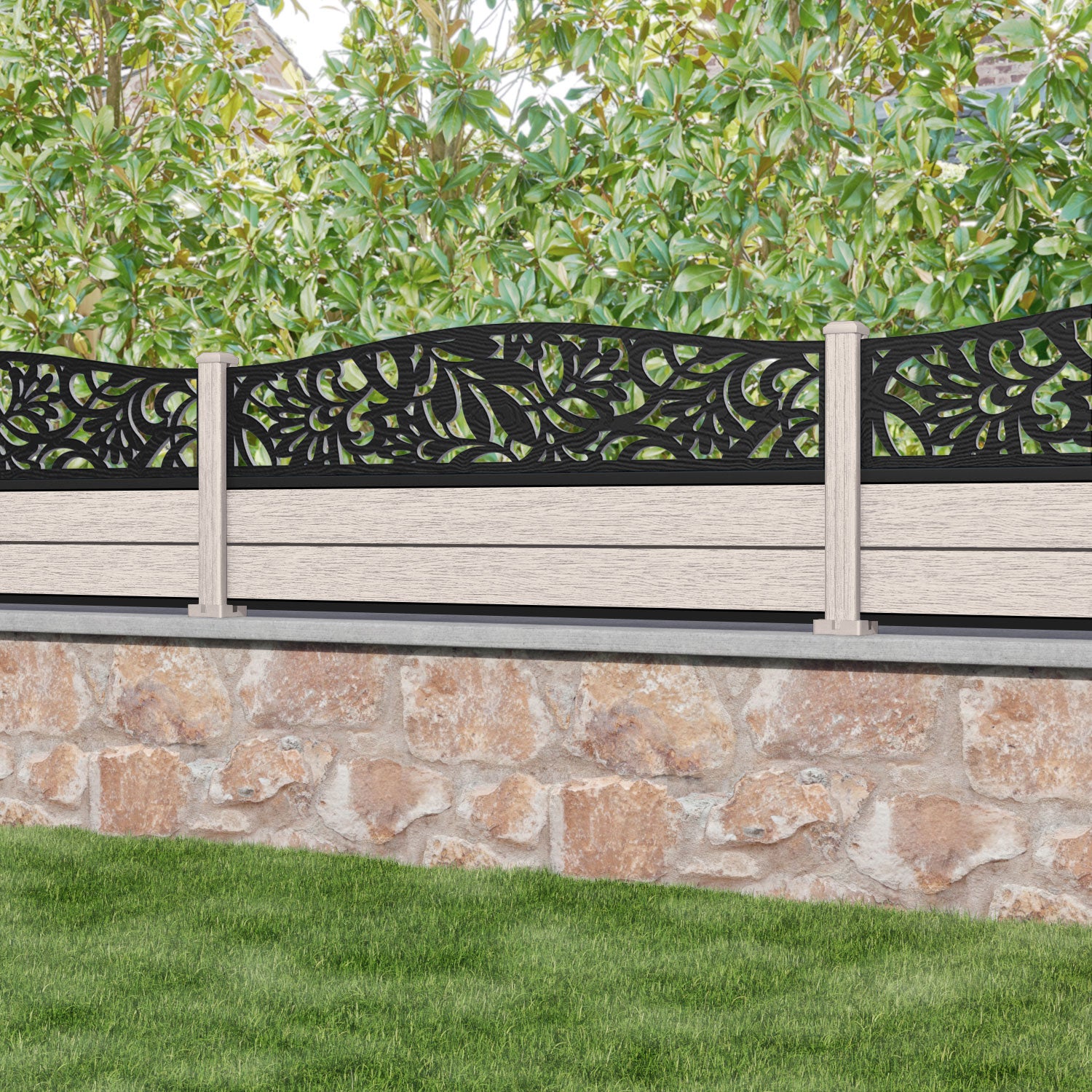 Fusion Heritage Curved Top Fence Panel - Mid Stone - with our composite posts