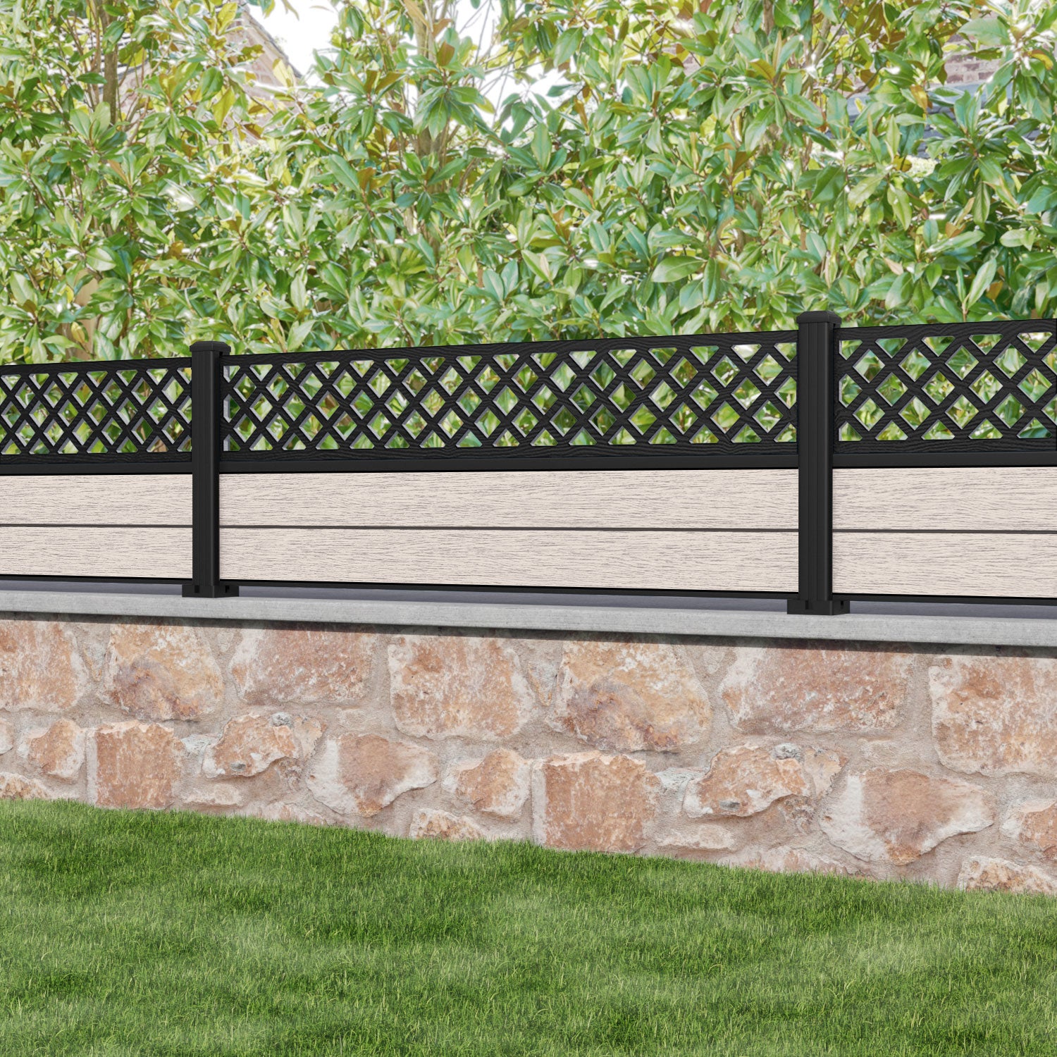 Fusion Hive Fence Panel - Mid Stone - with our aluminium posts