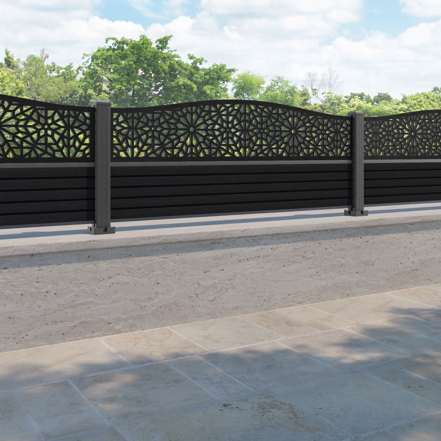 Hudson Alnara Curved Top Fence Panel - Black - with our aluminium posts