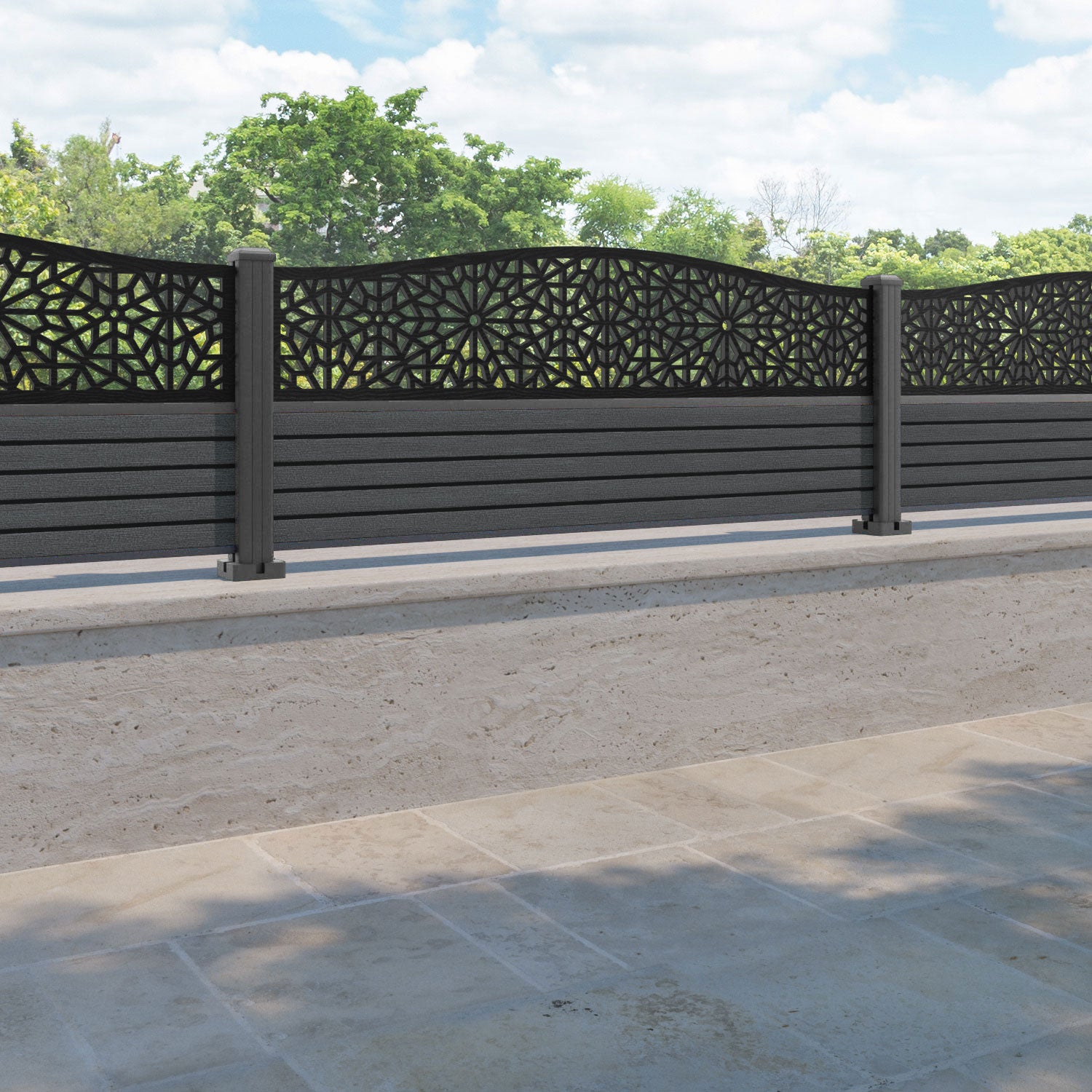 Hudson Alnara Curved Top Fence Panel - Dark Grey - with our aluminium posts