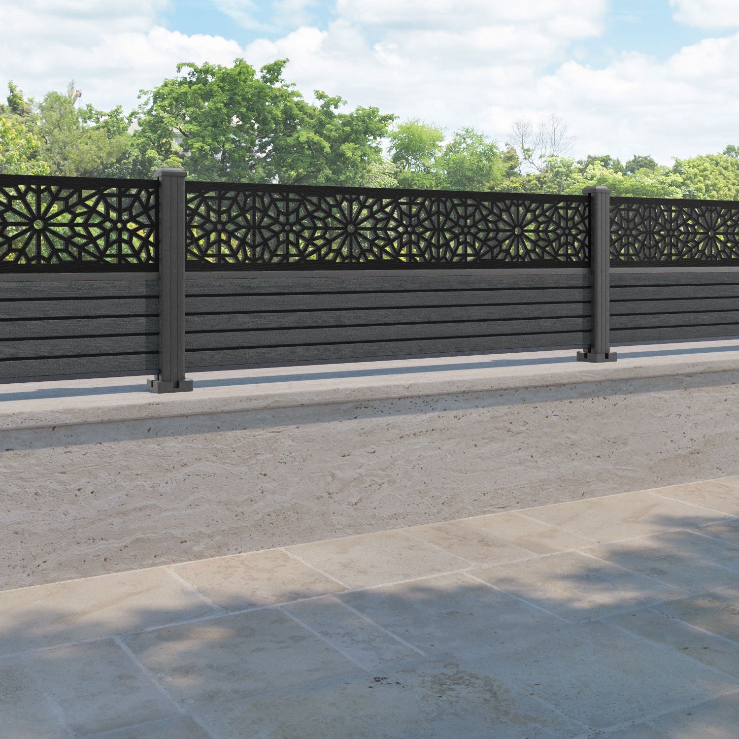Hudson Alnara Fence Panel - Dark Grey - with our aluminium posts