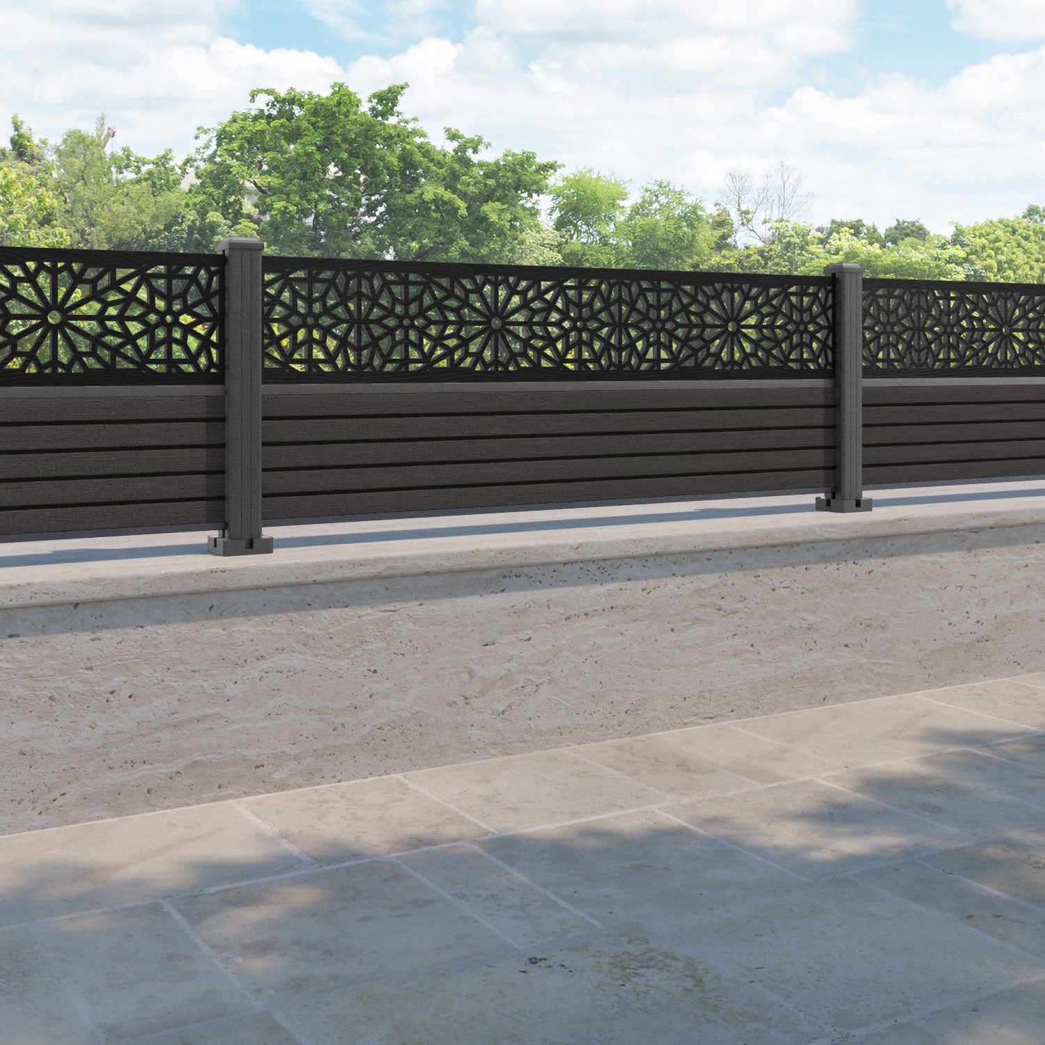 Hudson Alnara Fence Panel - Dark Oak - with our aluminium posts
