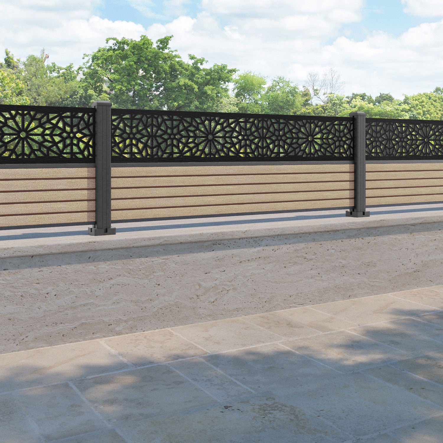 Hudson Alnara Fence Panel - Light Oak - with our aluminium posts
