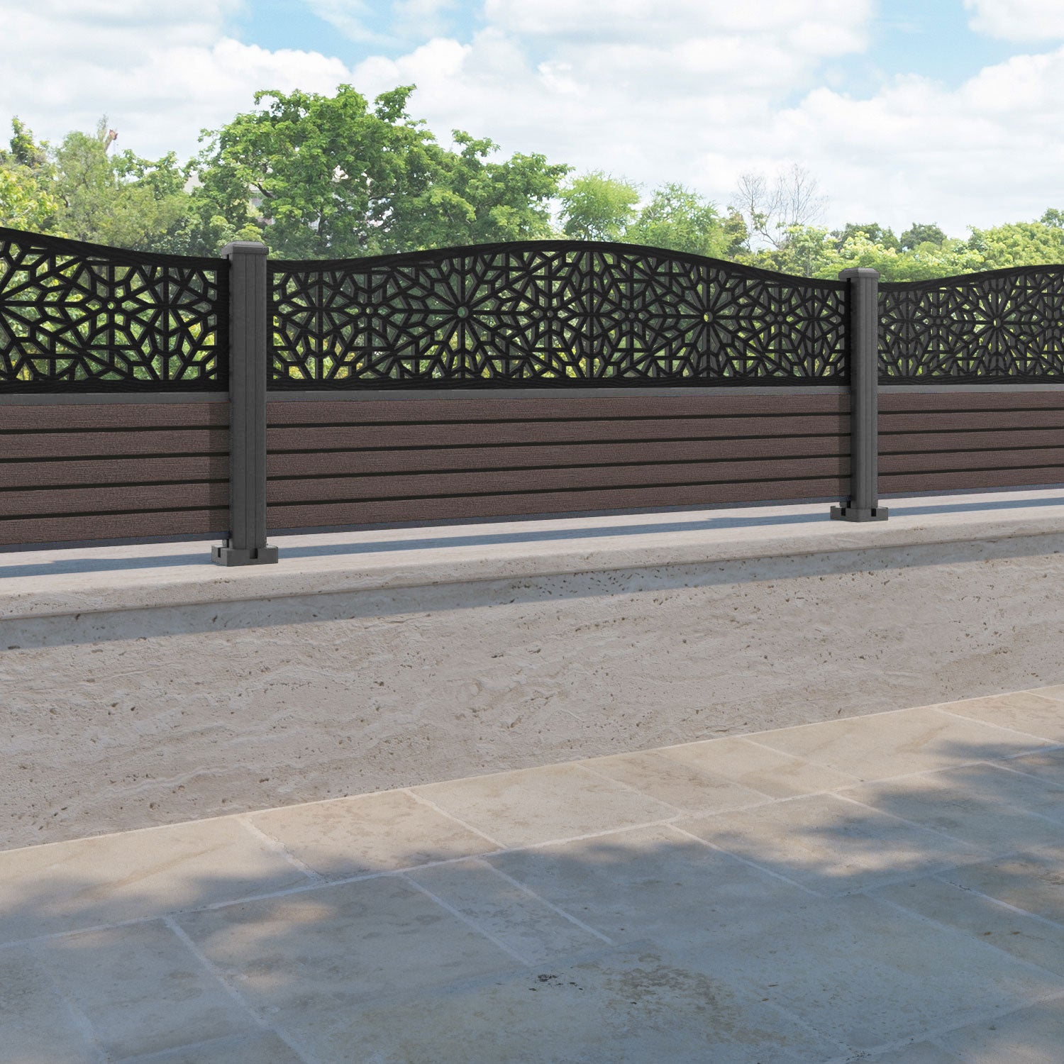 Hudson Alnara Curved Top Fence Panel - Mid Brown - with our aluminium posts