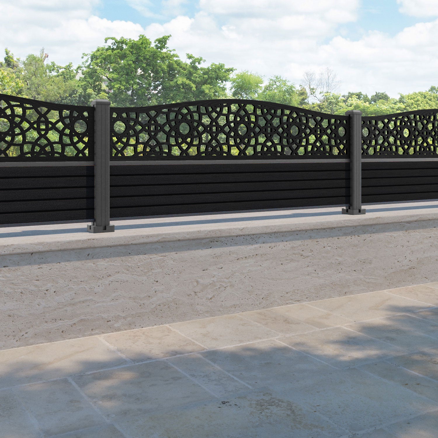 Hudson Ambar Curved Top Fence Panel - Black - with our aluminium posts
