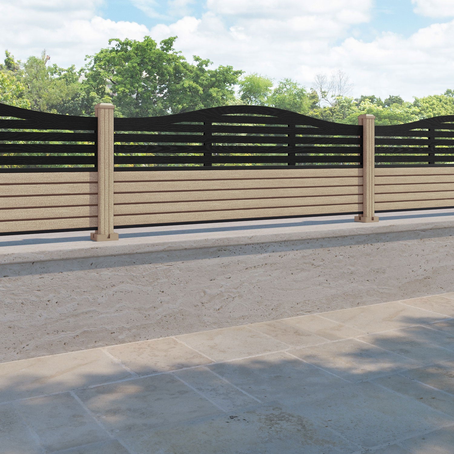 Hudson Aspen Curved Top Fence Panel - Light Oak - with our composite posts