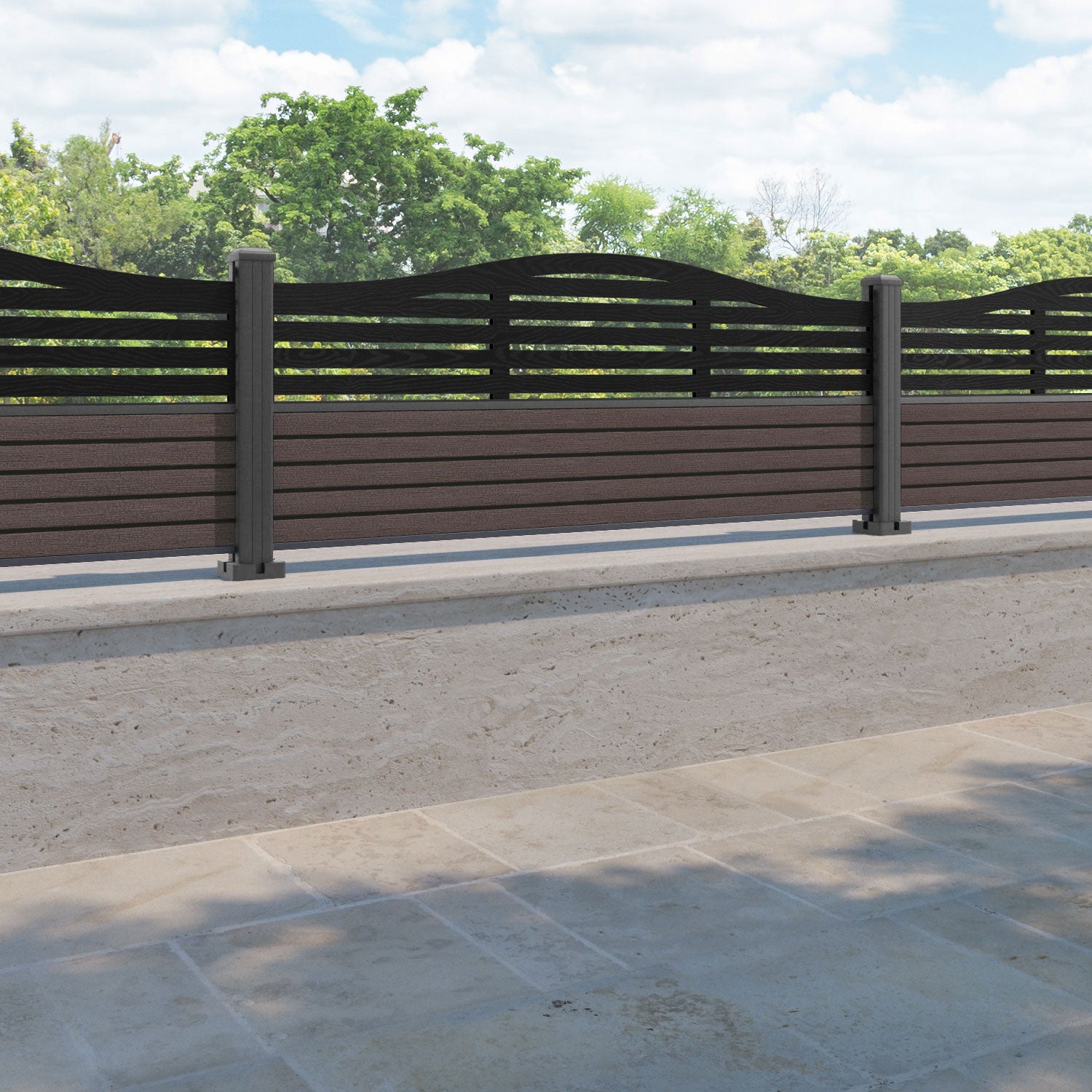 Hudson Aspen Curved Top Fence Panel - Mid Brown - with our aluminium posts