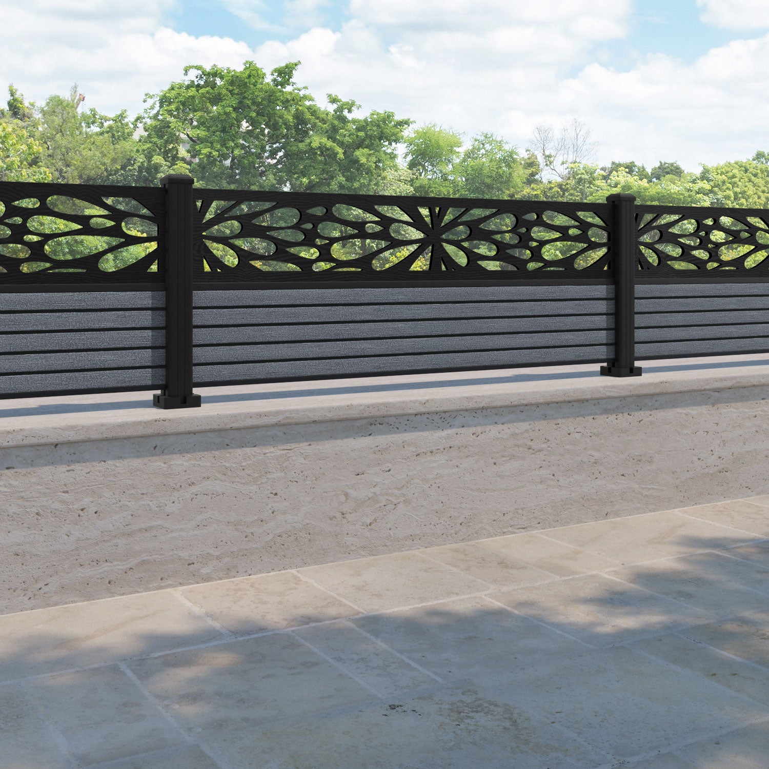 Hudson Blossom Fence Panel - Anthracite - with our aluminium posts