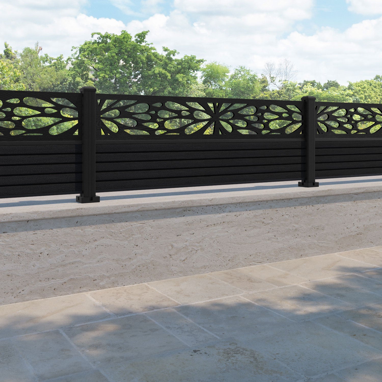 Hudson Blossom Fence Panel - Black - with our aluminium posts