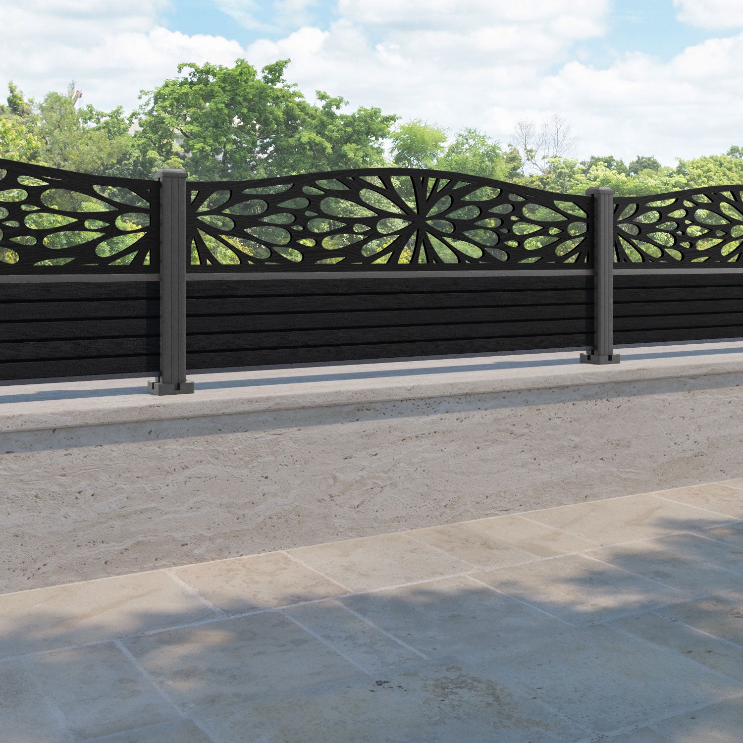 Hudson Blossom Curved Top Fence Panel - Black - with our aluminium posts
