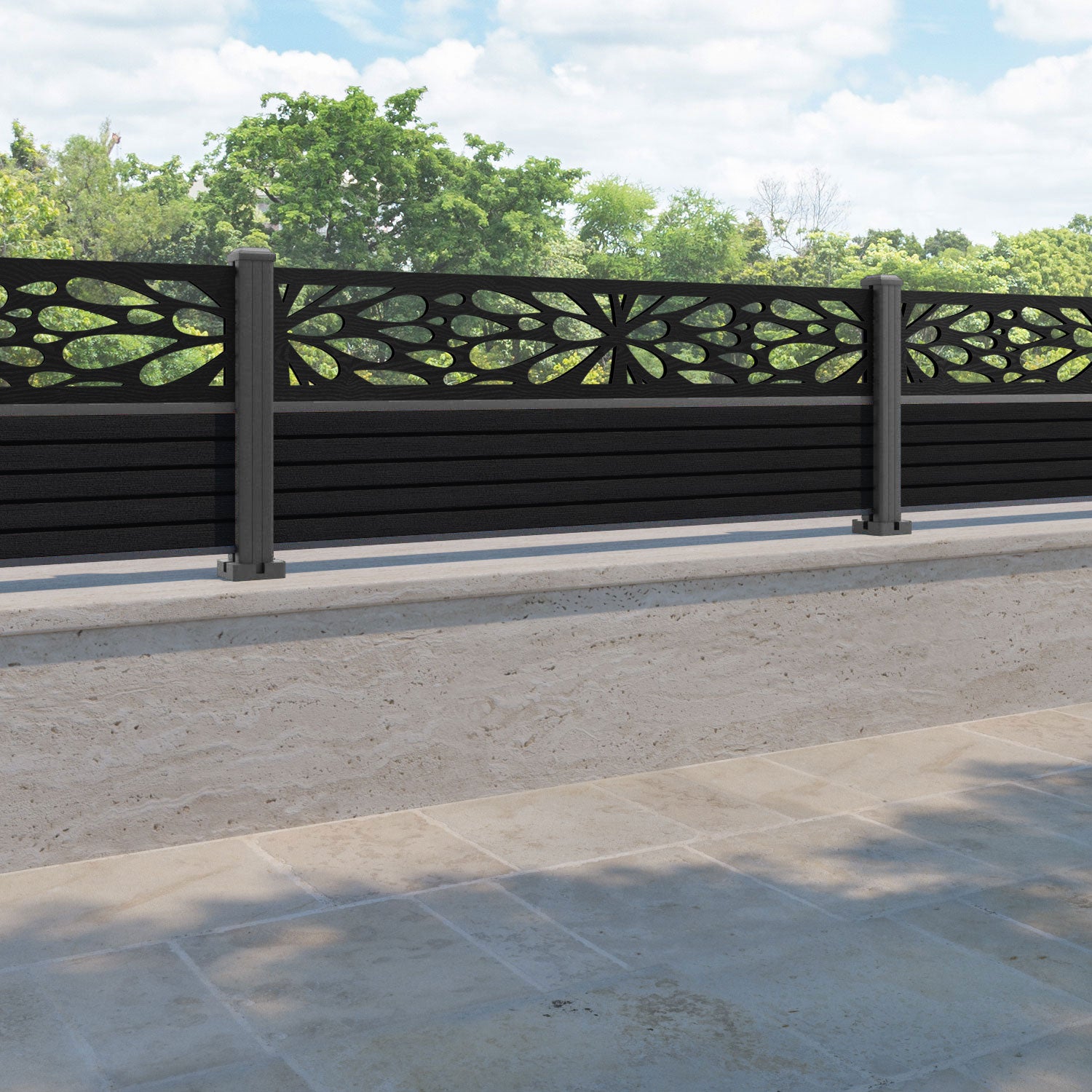 Hudson Blossom Fence Panel - Black - with our aluminium posts