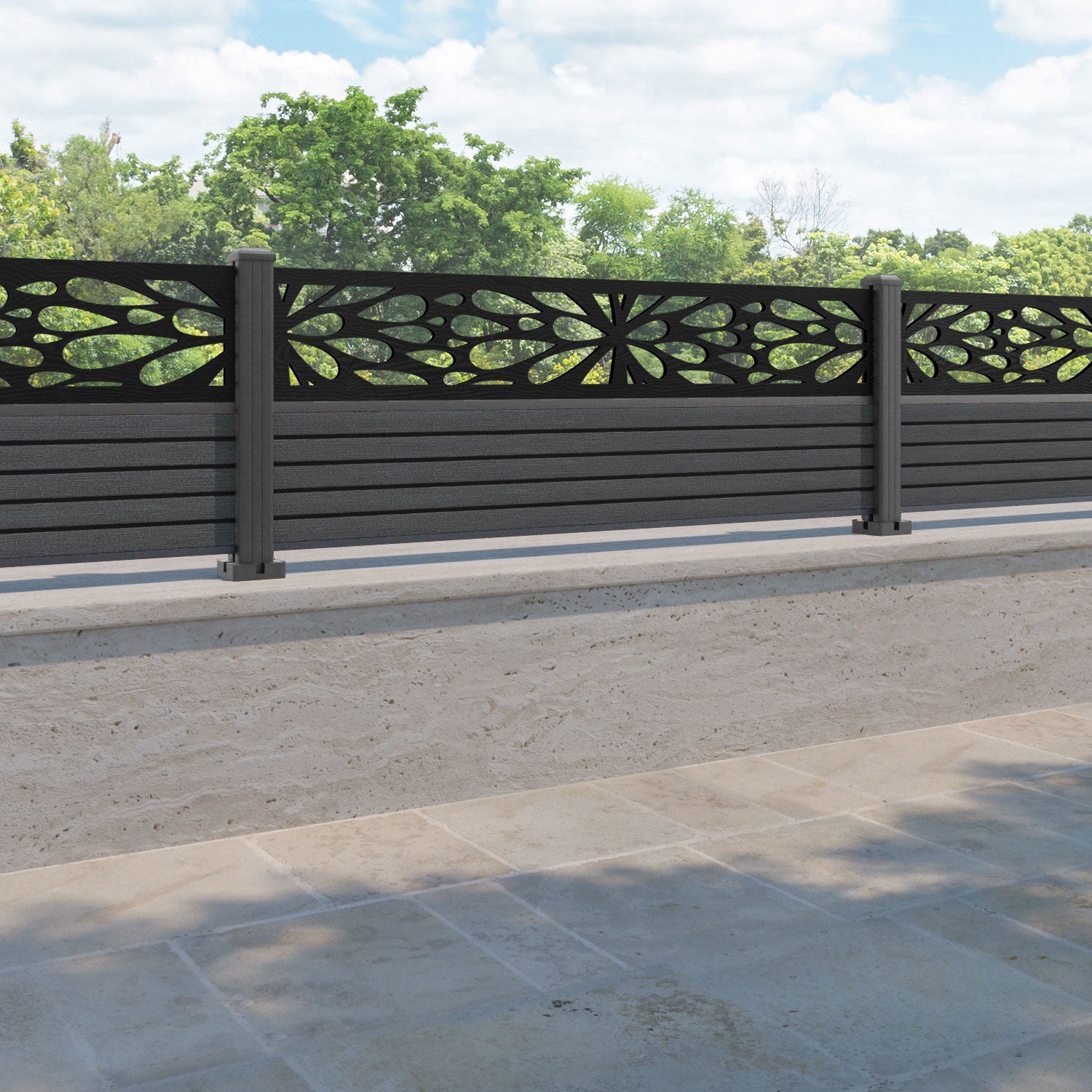 Hudson Blossom Fence Panel - Dark Grey - with our aluminium posts