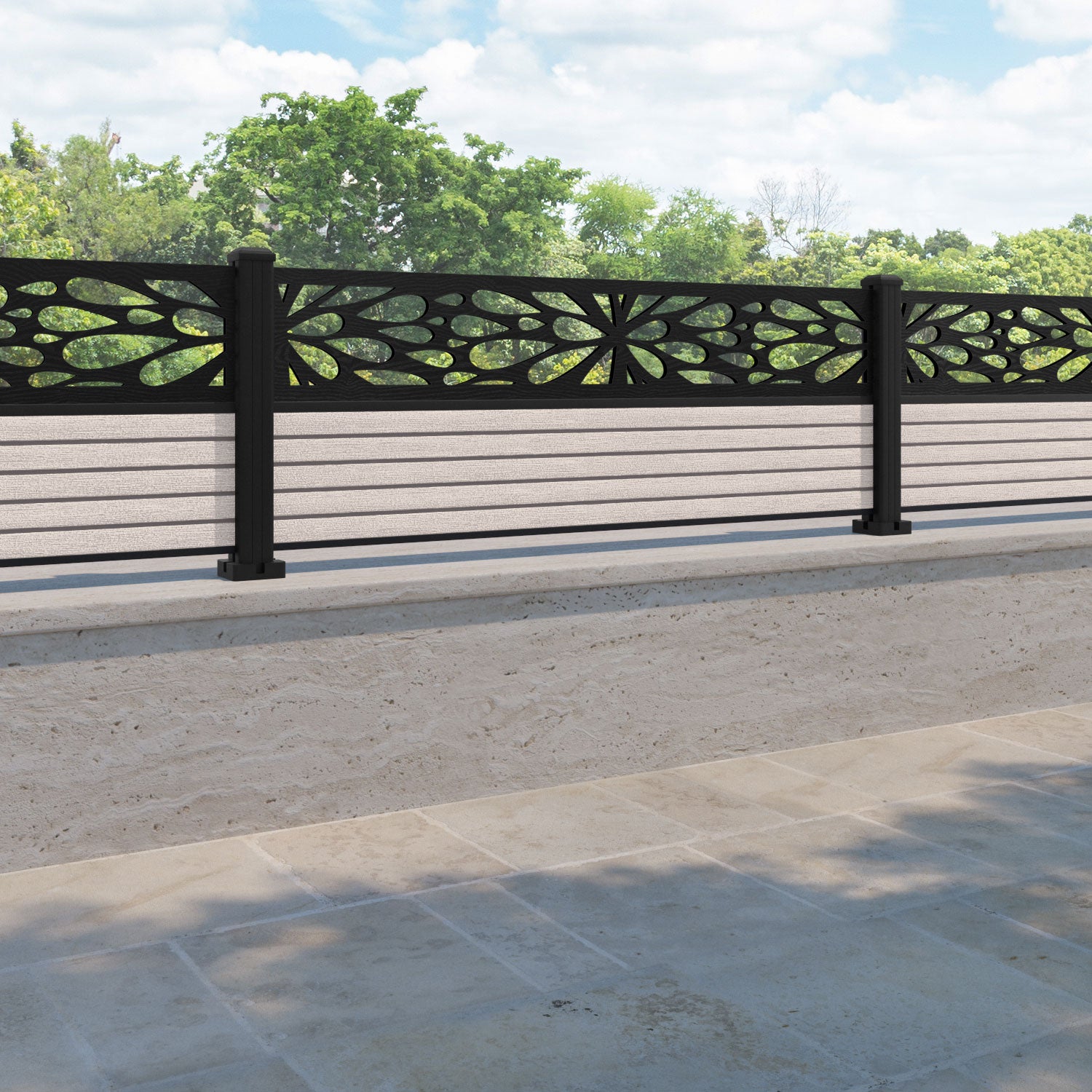 Hudson Blossom Fence Panel - Mid Stone - with our aluminium posts