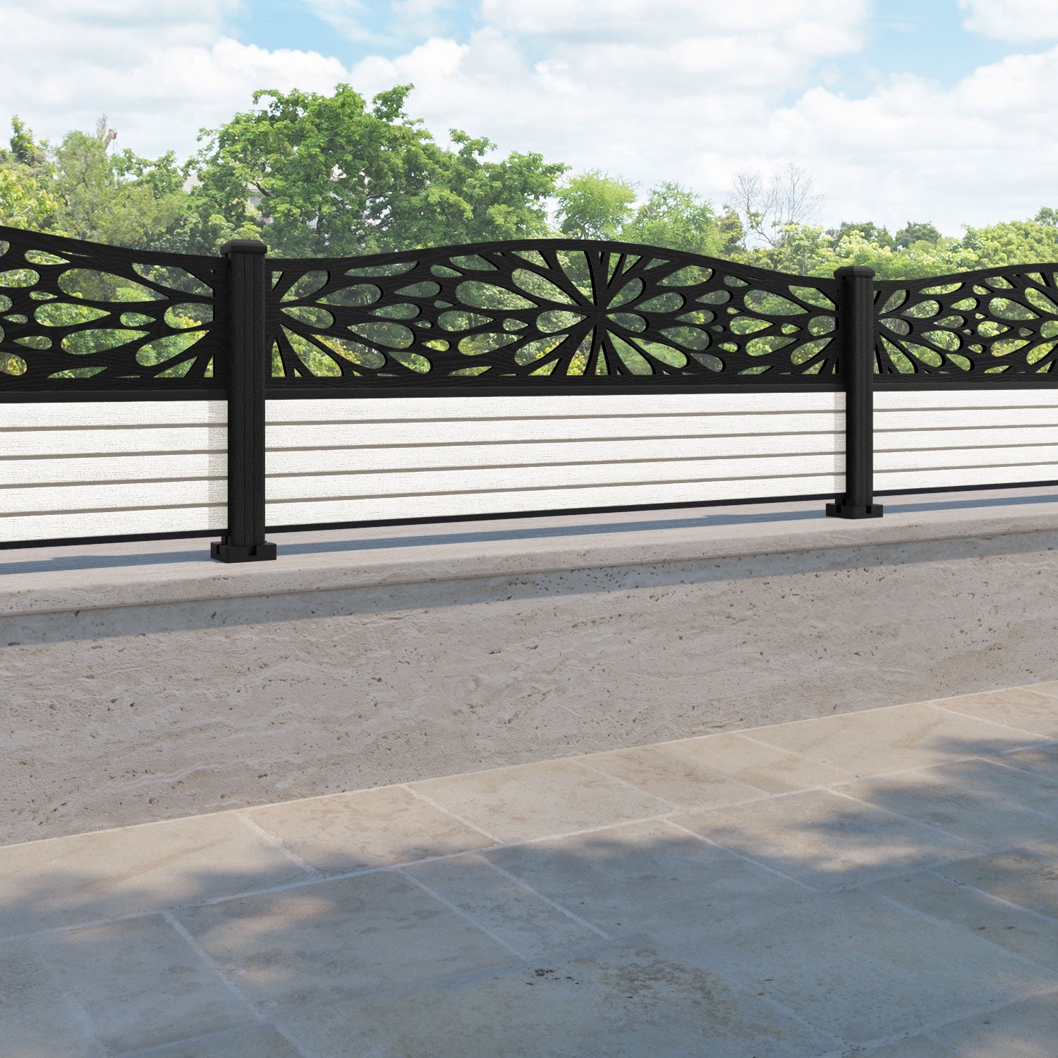 Hudson Blossom Curved Top Fence Panel - Light Stone - with our composite posts