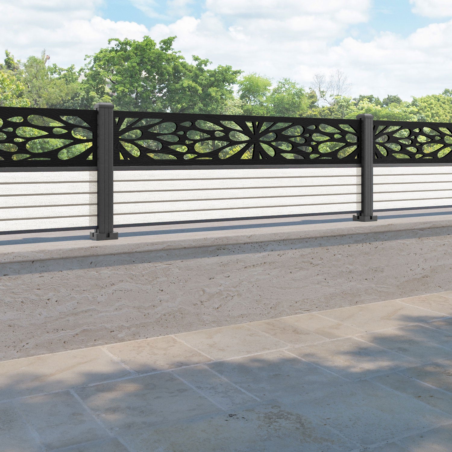 Hudson Blossom Fence Panel - Light Stone - with our aluminium posts