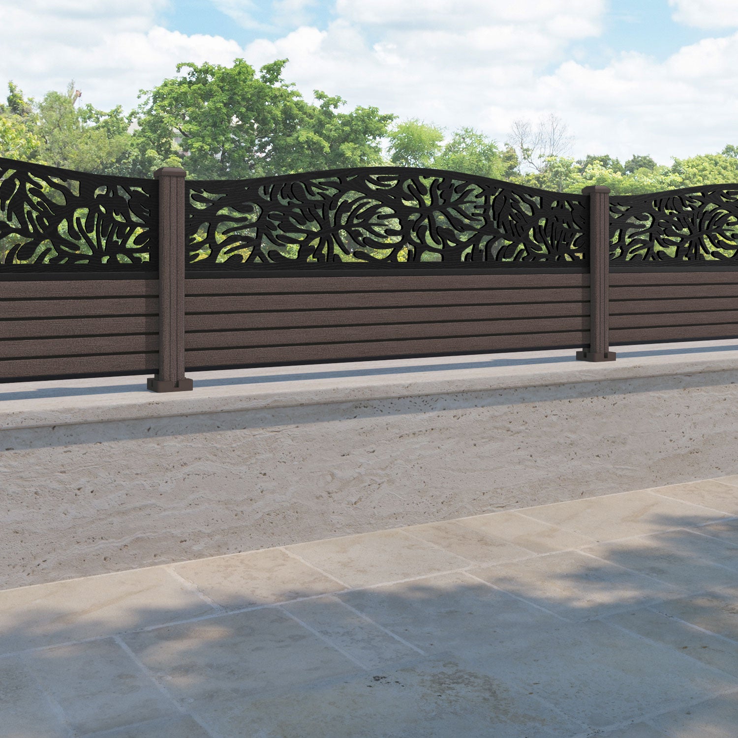 Hudson Botanic Curved Top Fence Panel - Mid Brown - with our composite posts