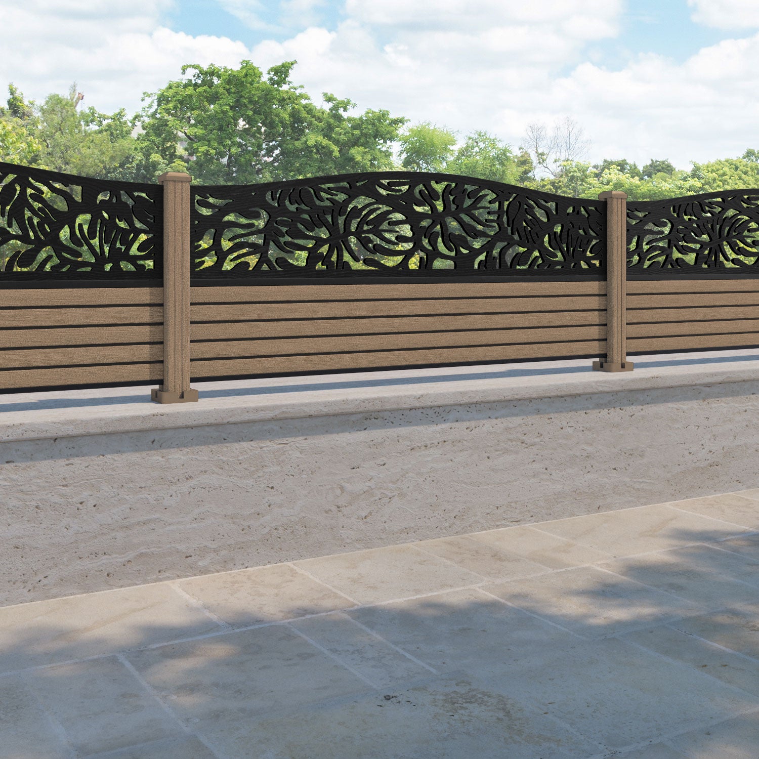 Hudson Botanic Curved Top Fence Panel - Teak - with our composite posts
