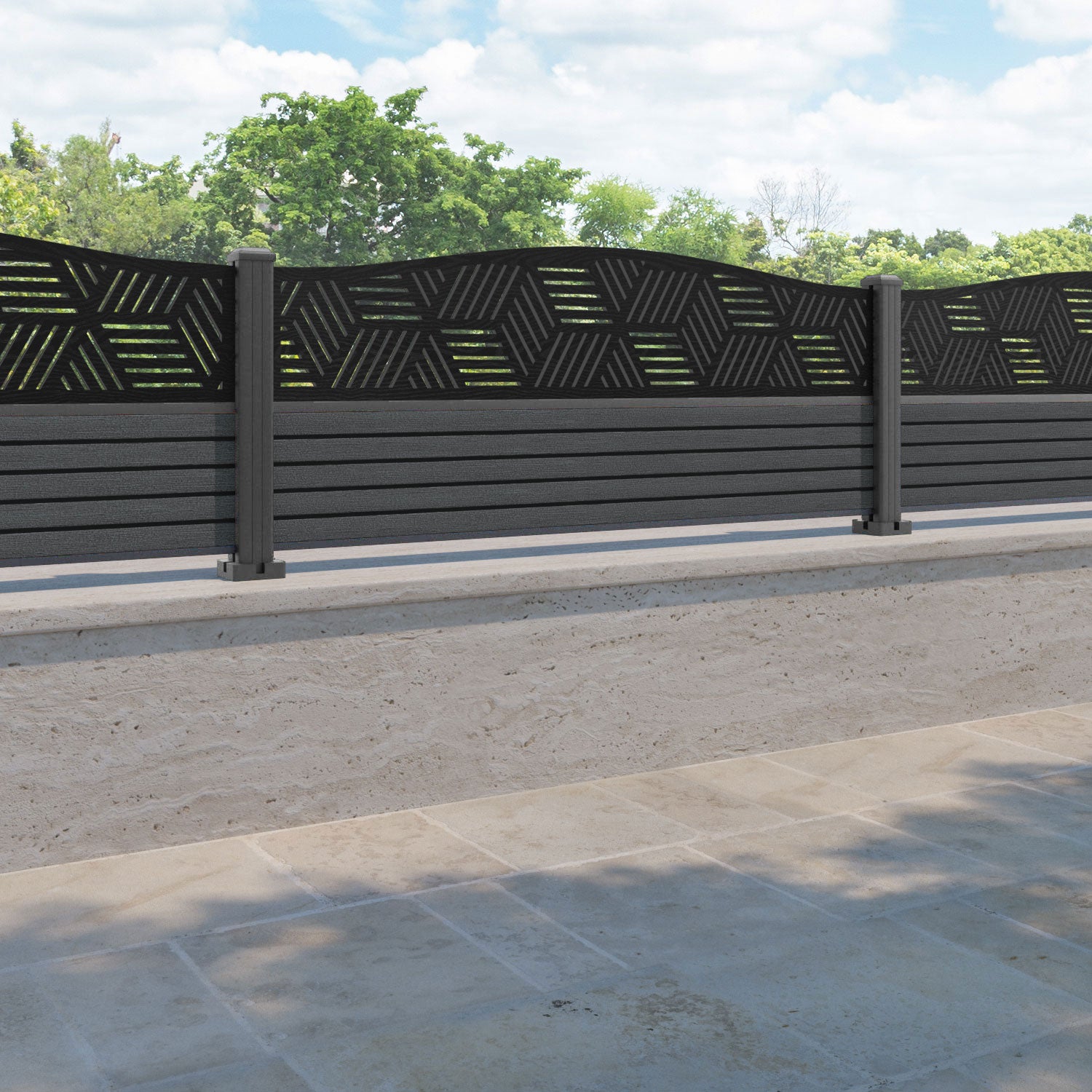 Hudson Cubed Curved Top Fence Panel - Dark Grey - with our aluminium posts