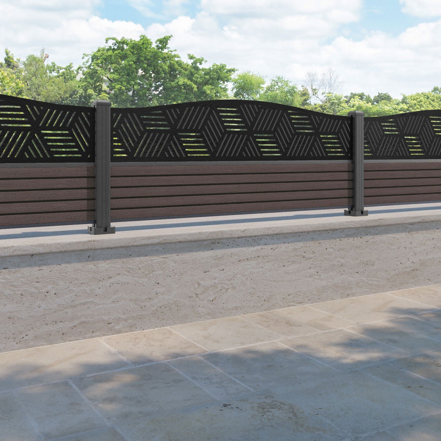 Hudson Cubed Curved Top Fence Panel - Mid Brown - with our aluminium posts