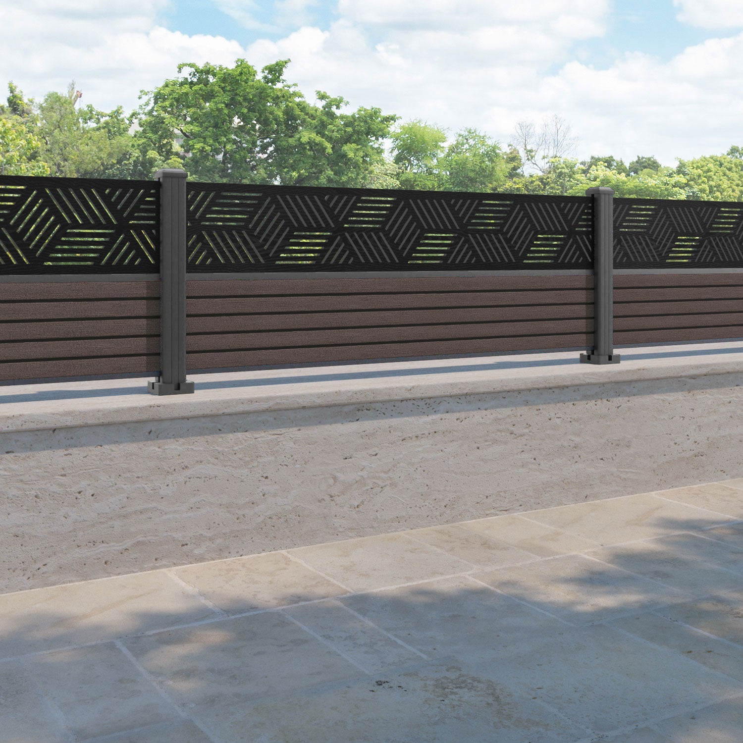 Hudson Cubed Fence Panel - Mid Brown - with our aluminium posts
