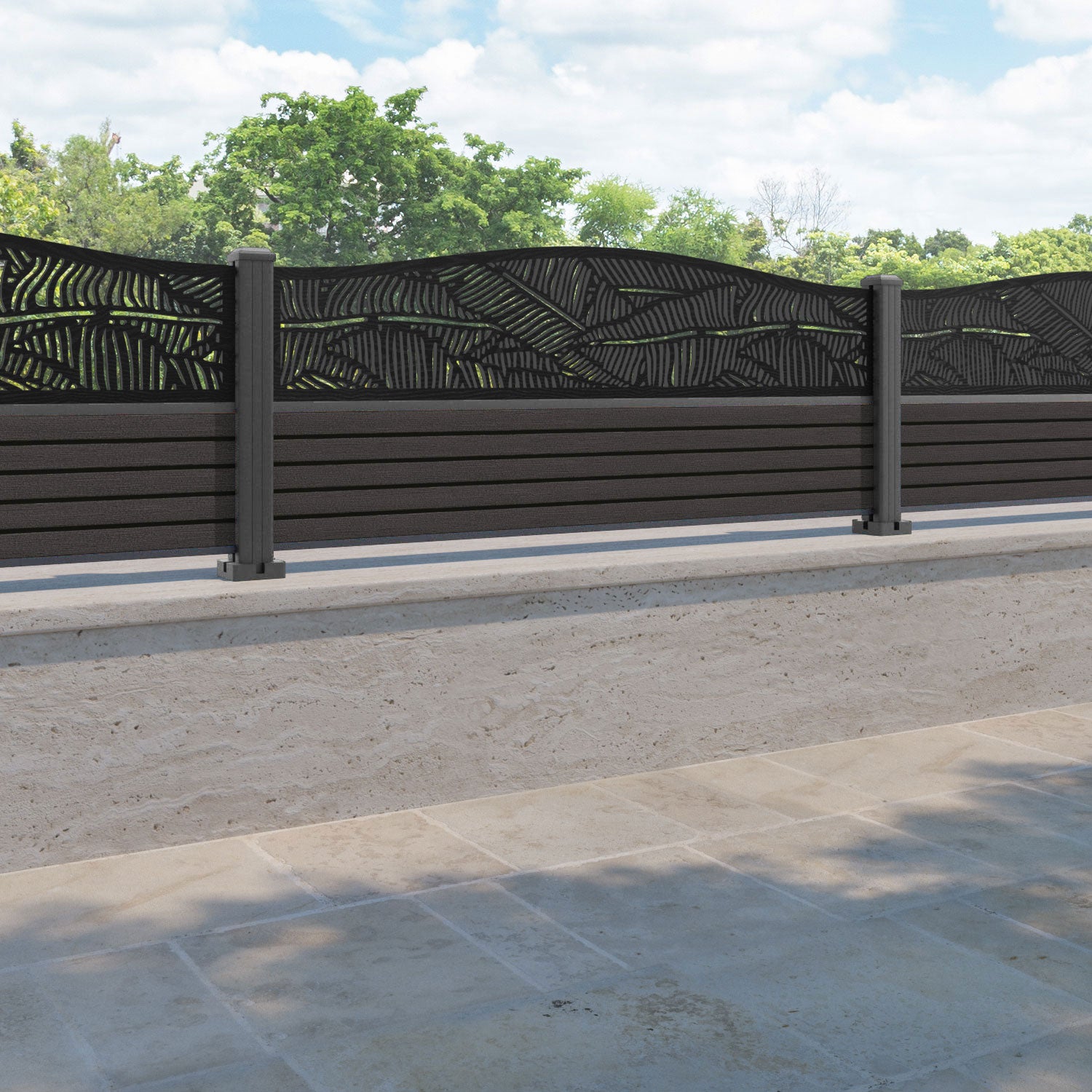 Hudson Feather Curved Top Fence Panel - Dark Oak - with our aluminium posts