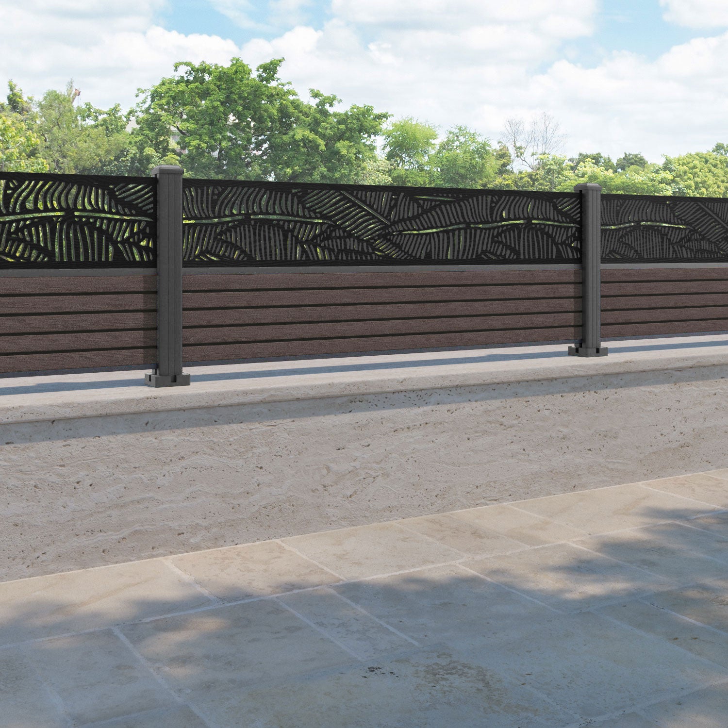 Hudson Feather Fence Panel - Mid Brown - with our aluminium posts