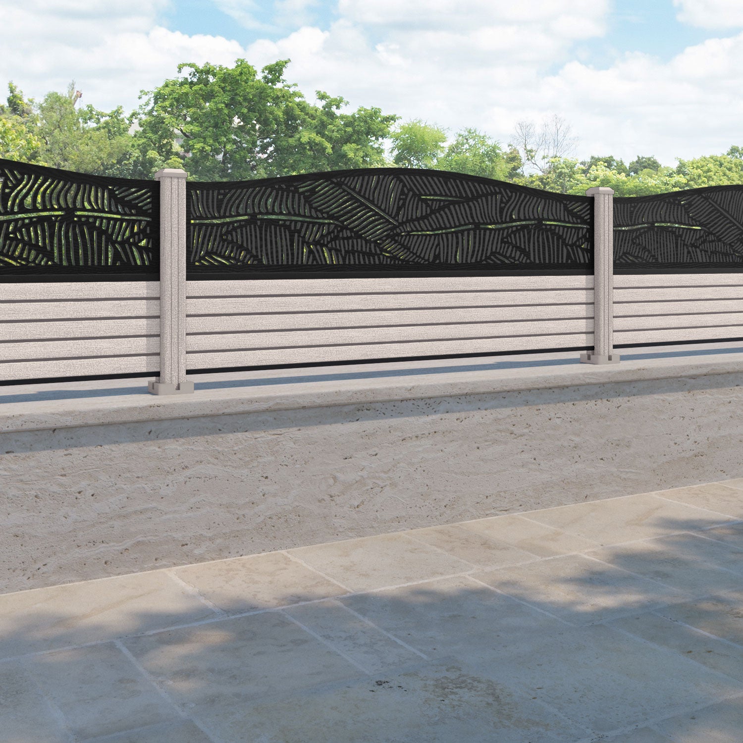 Hudson Feather Curved Top Fence Panel - Mid Stone - with our composite posts