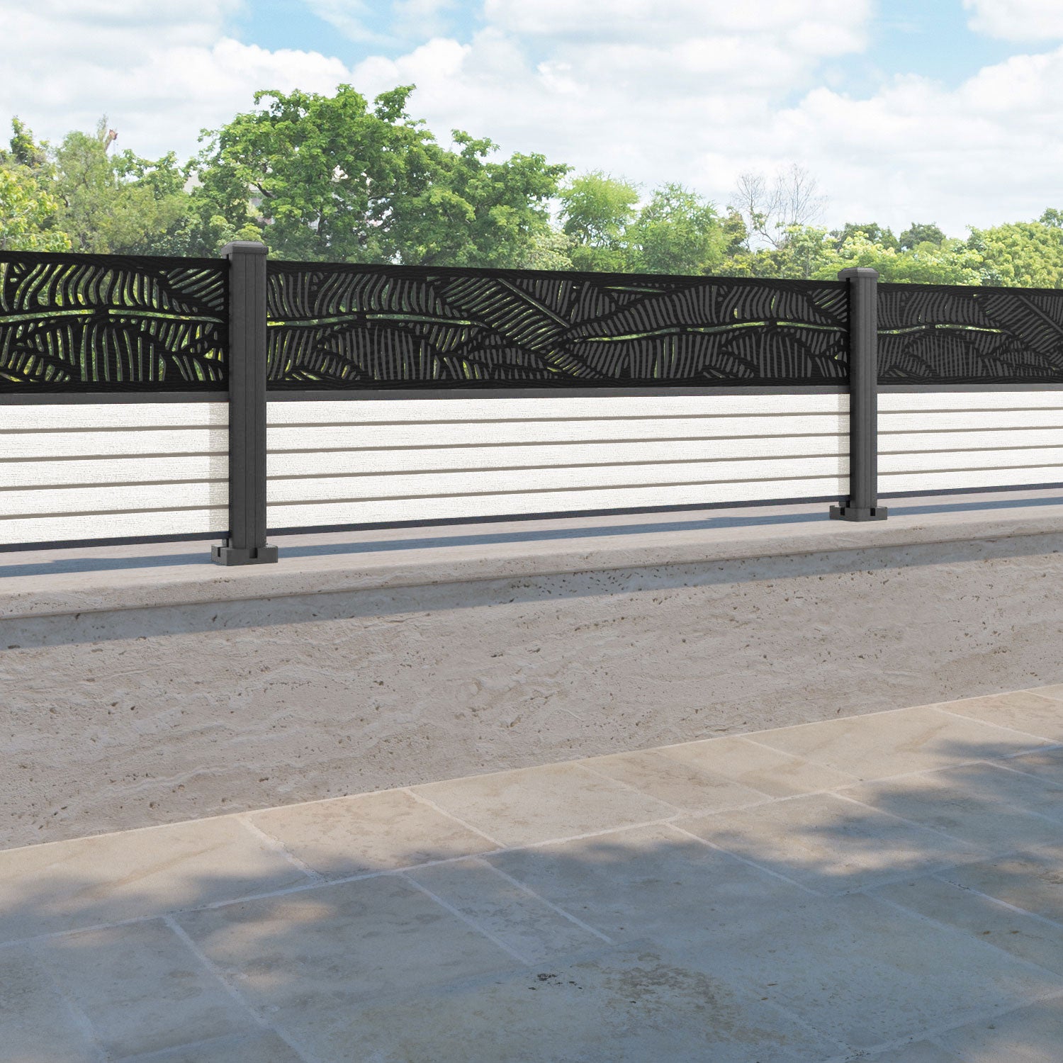 Hudson Feather Fence Panel - Light Stone - with our aluminium posts