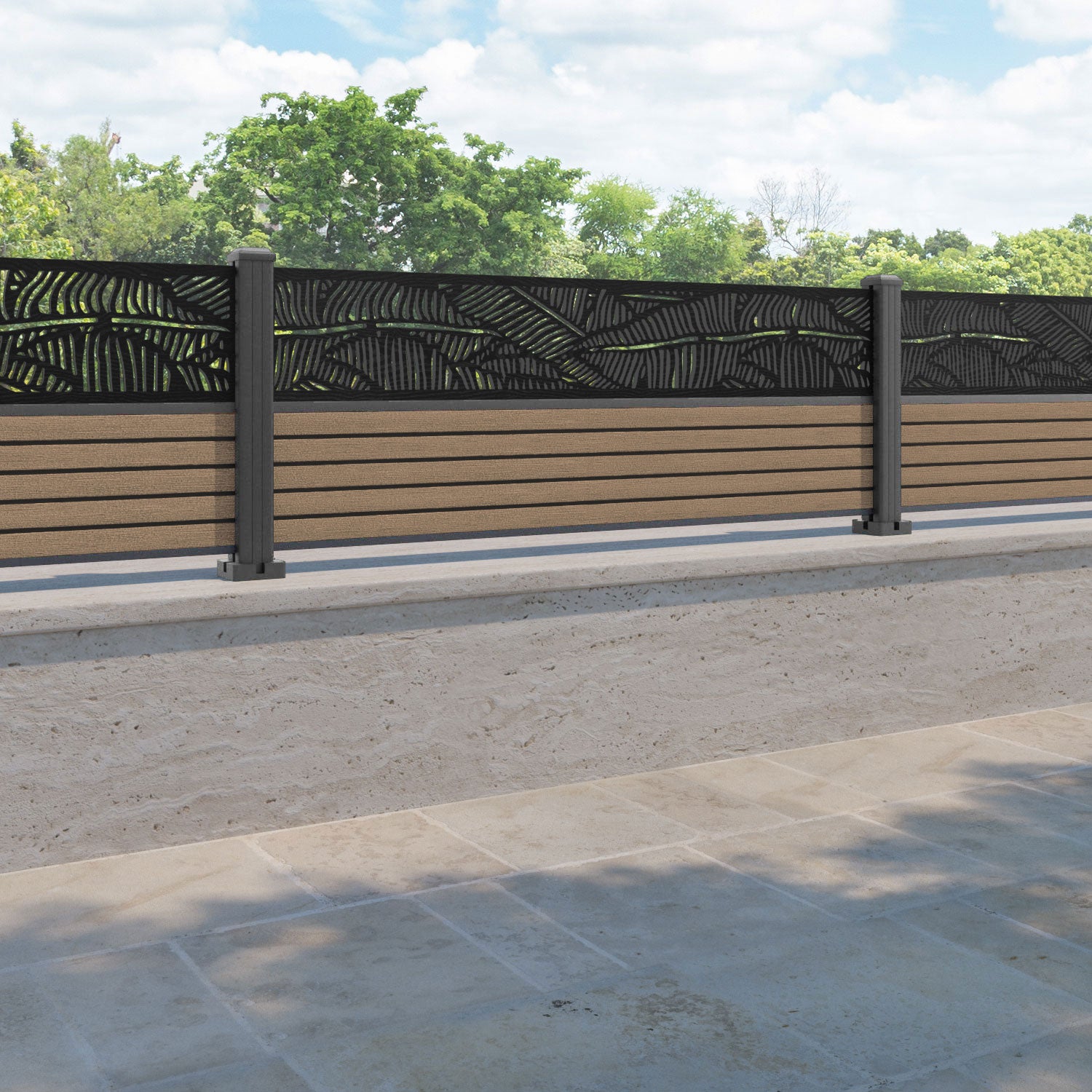 Hudson Feather Fence Panel - Teak - with our aluminium posts
