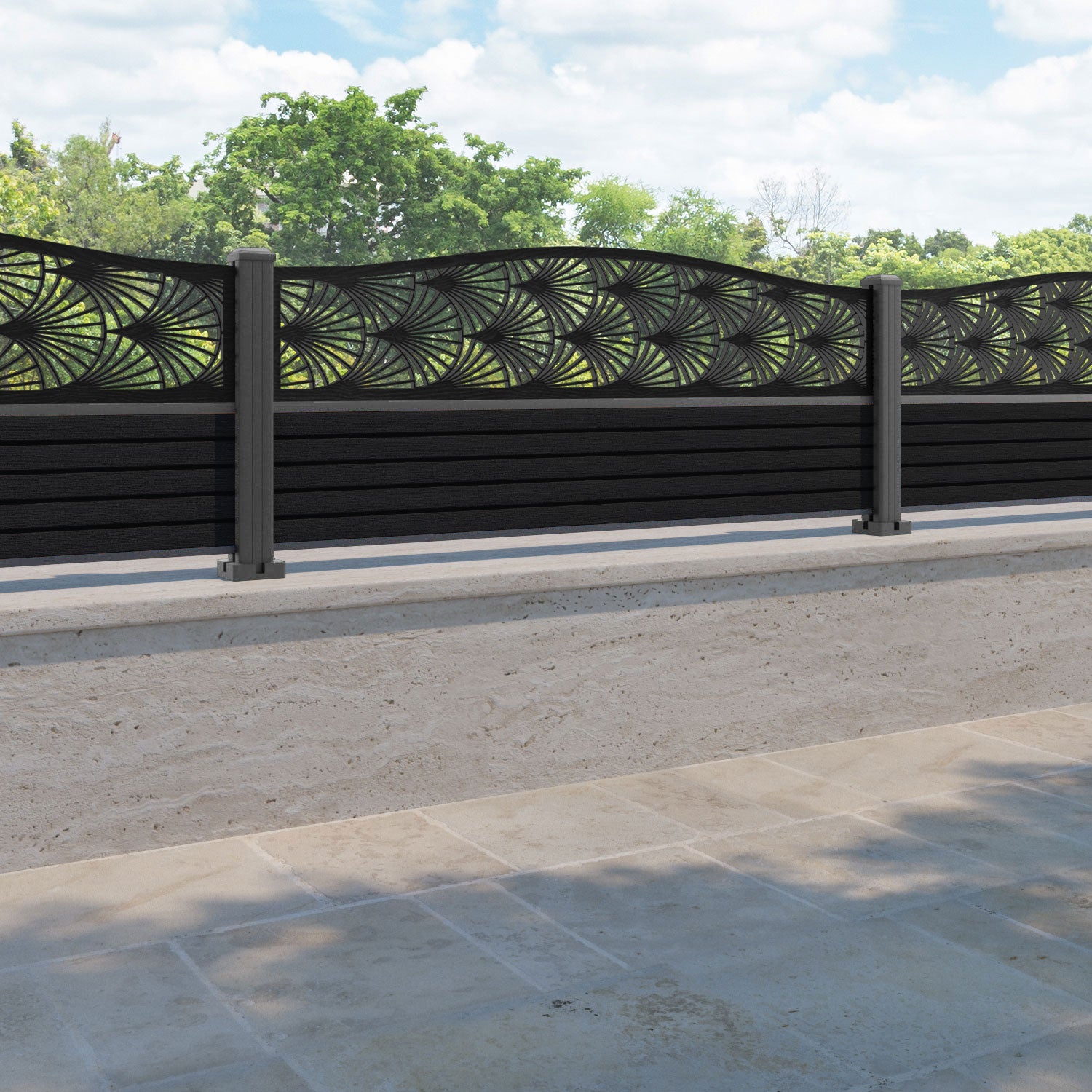 Hudson Laurel Curved Top Fence Panel - Black - with our aluminium posts