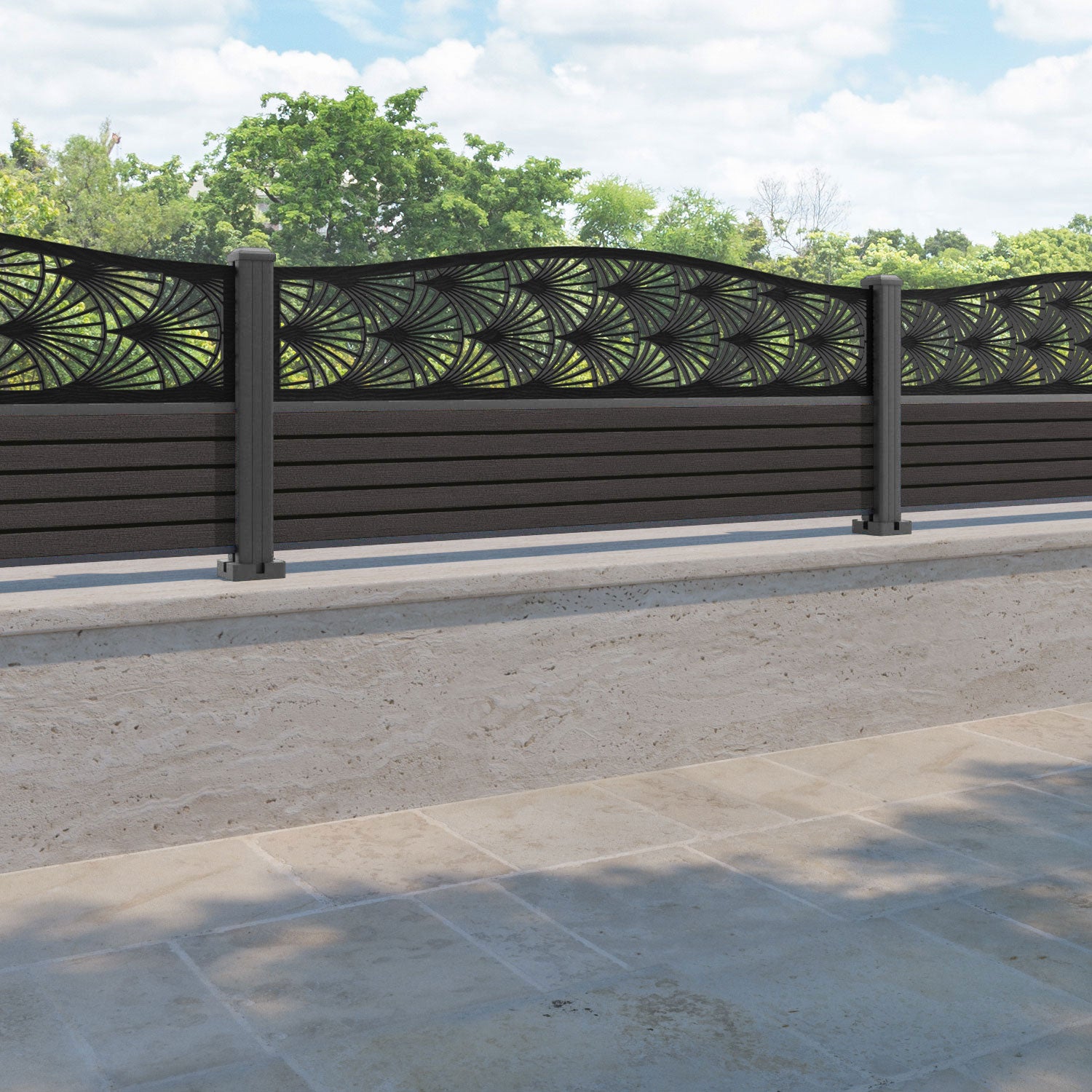 Hudson Laurel Curved Top Fence Panel - Dark Oak - with our aluminium posts