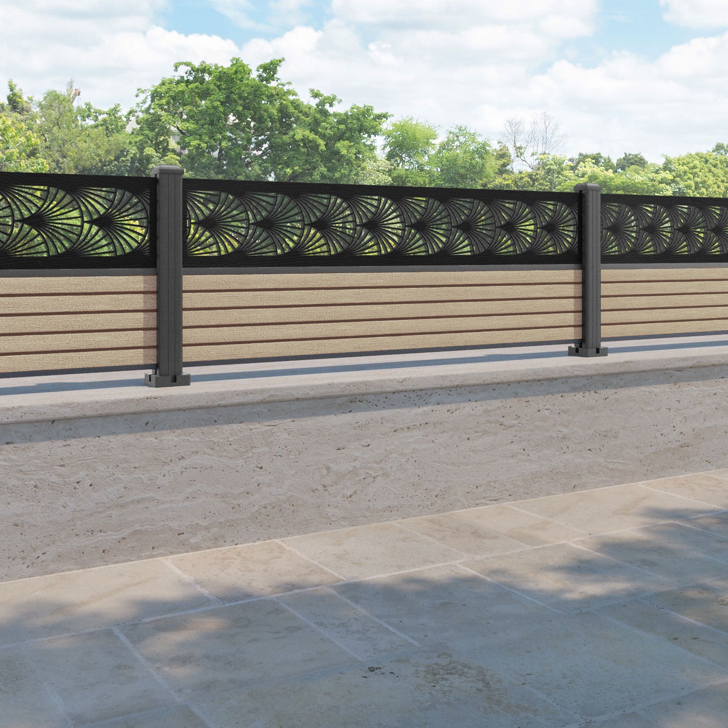 Hudson Laurel Fence Panel - Light Oak - with our aluminium posts