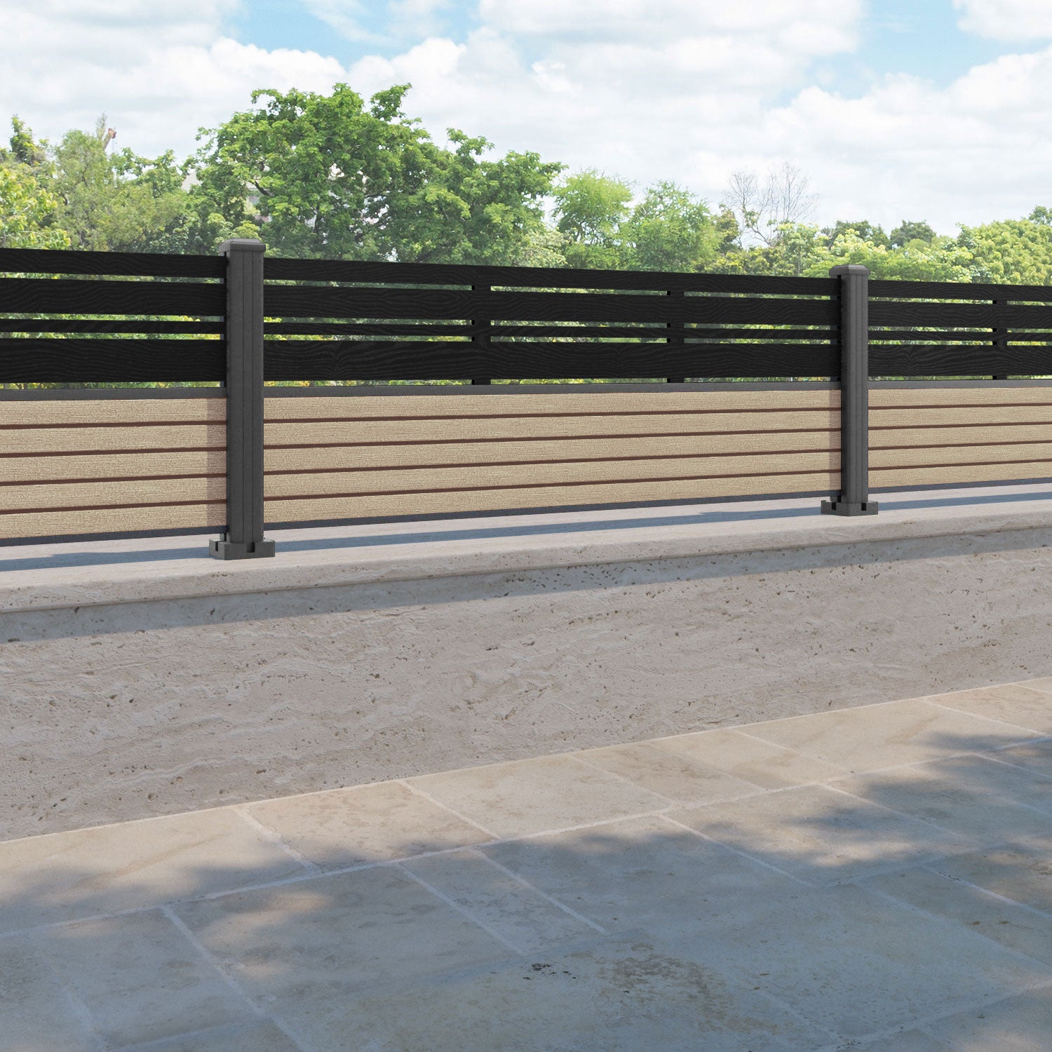 Hudson Linea Fence Panel - Light Oak - with our aluminium posts