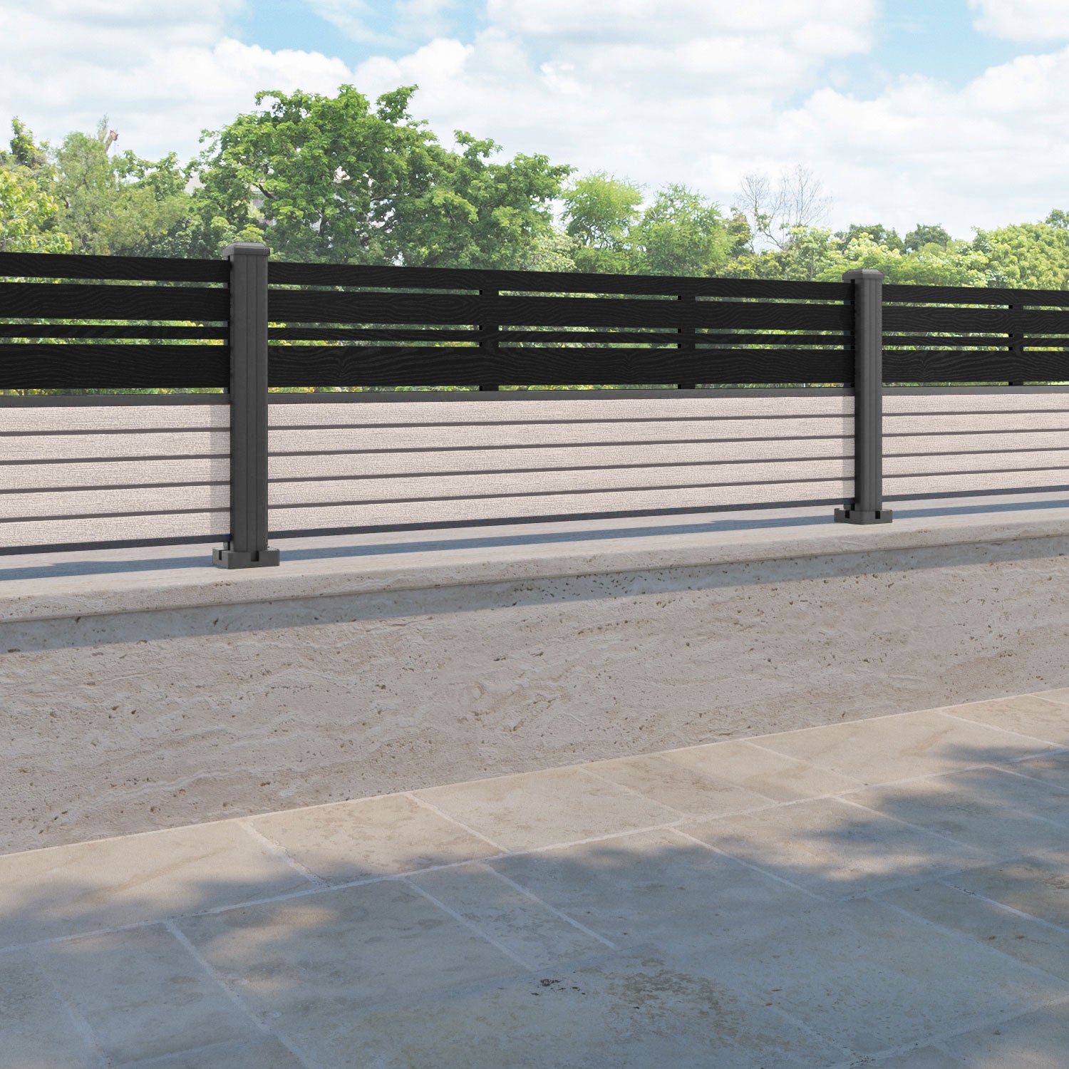 Hudson Linea Fence Panel - Mid Stone - with our aluminium posts
