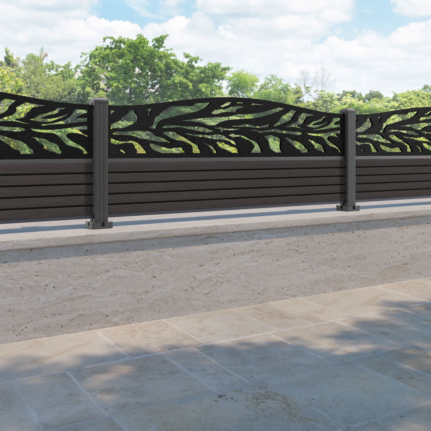 Hudson Malawi Curved Top Fence Panel - Dark Oak - with our aluminium posts