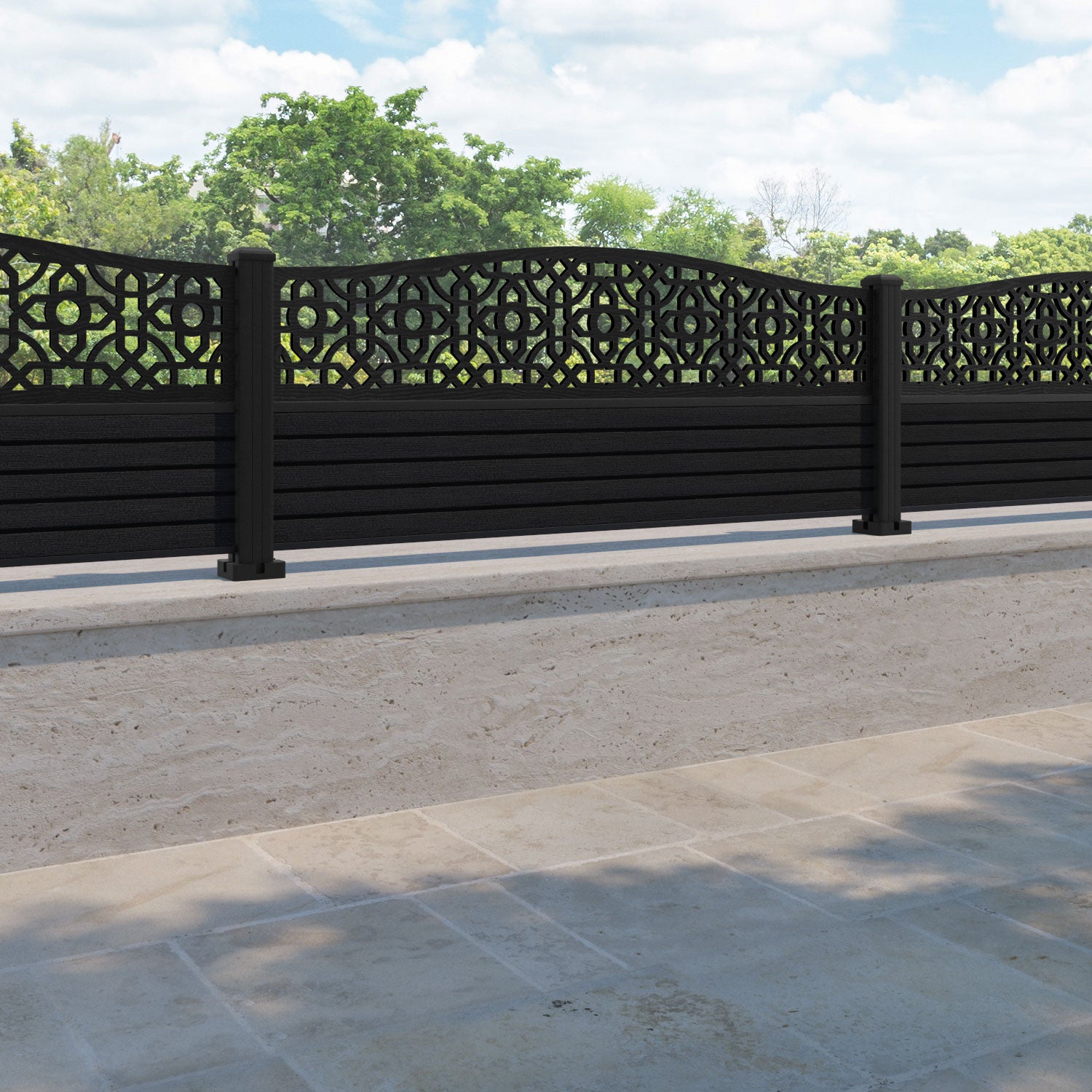 Hudson Nabila Curved Top Fence Panel - Black - with our aluminium posts