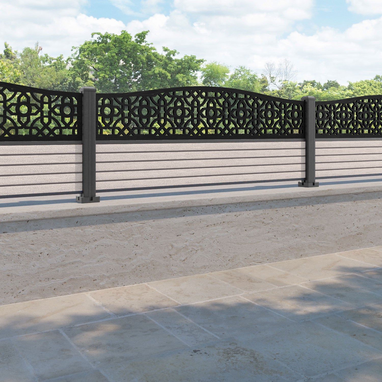 Hudson Nabila Curved Top Fence Panel - Mid Stone - with our aluminium posts