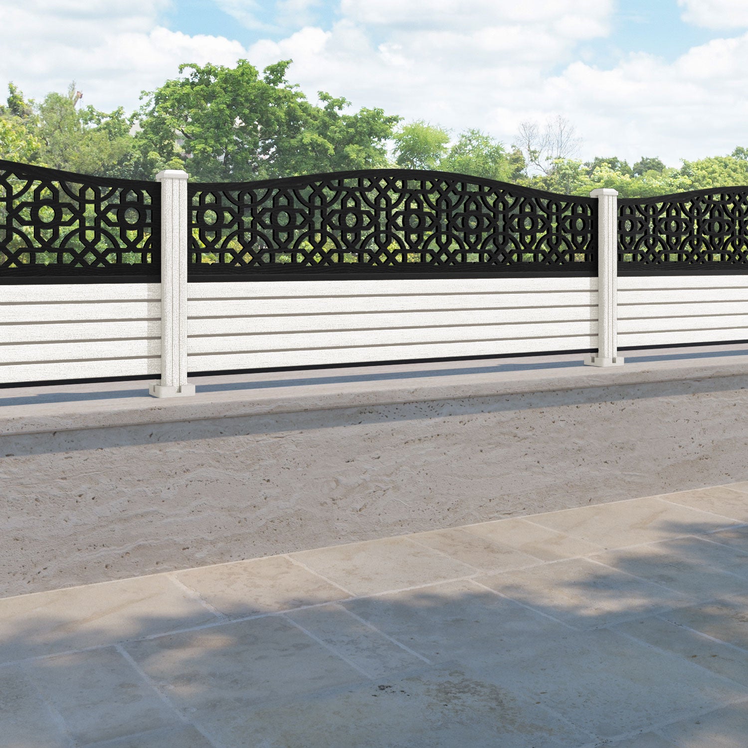 Hudson Nabila Curved Top Fence Panel - Light Stone - with our composite posts