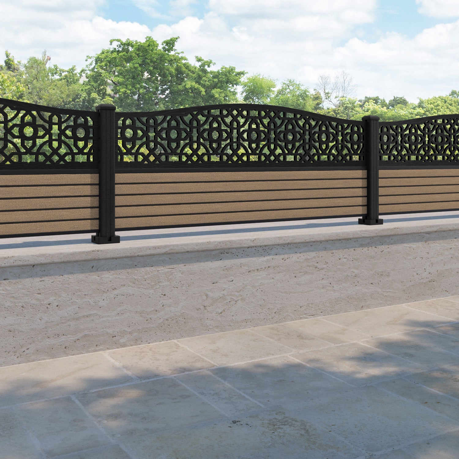 Hudson Nabila Curved Top Fence Panel - Teak - with our composite posts