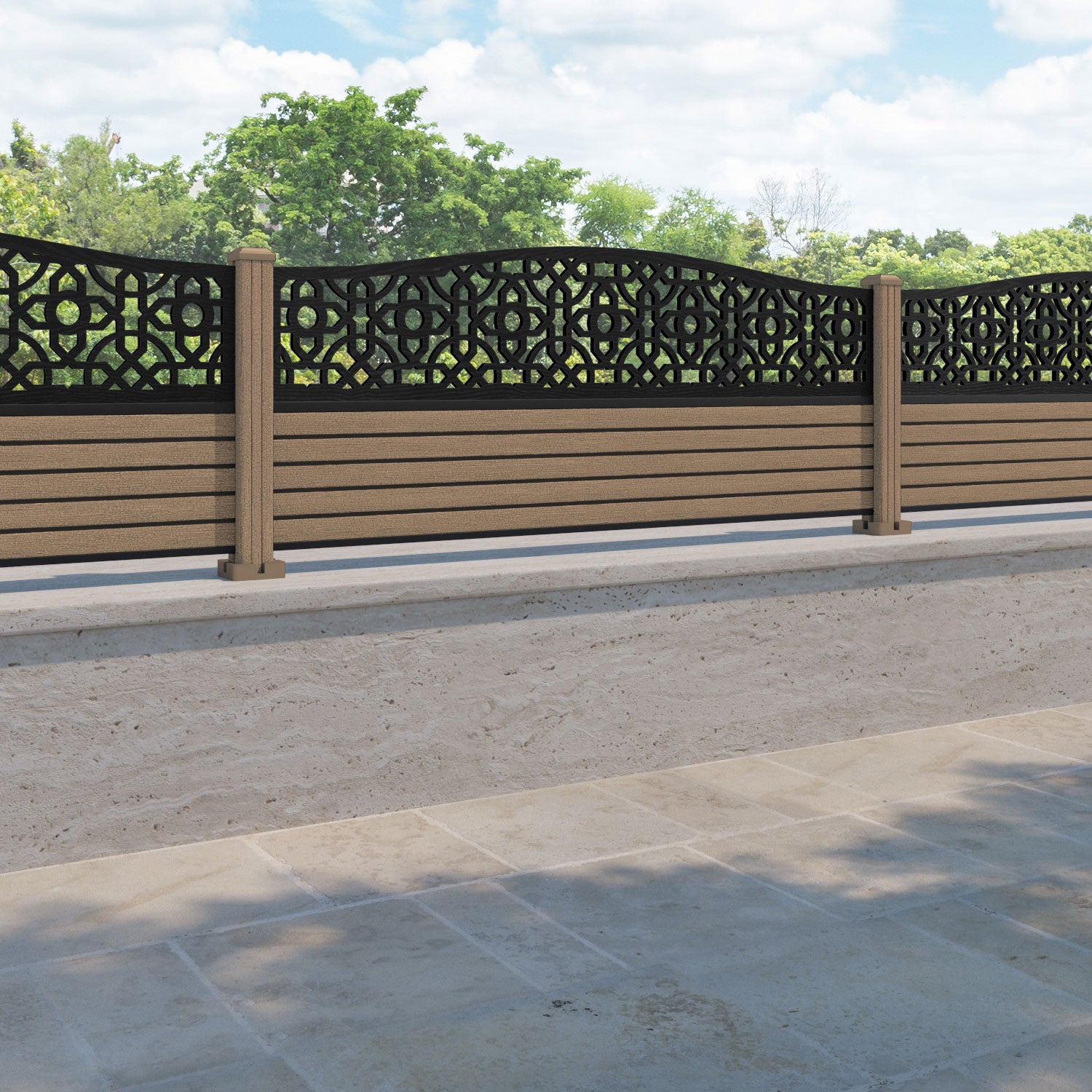 Hudson Nabila Curved Top Fence Panel - Teak - with our composite posts
