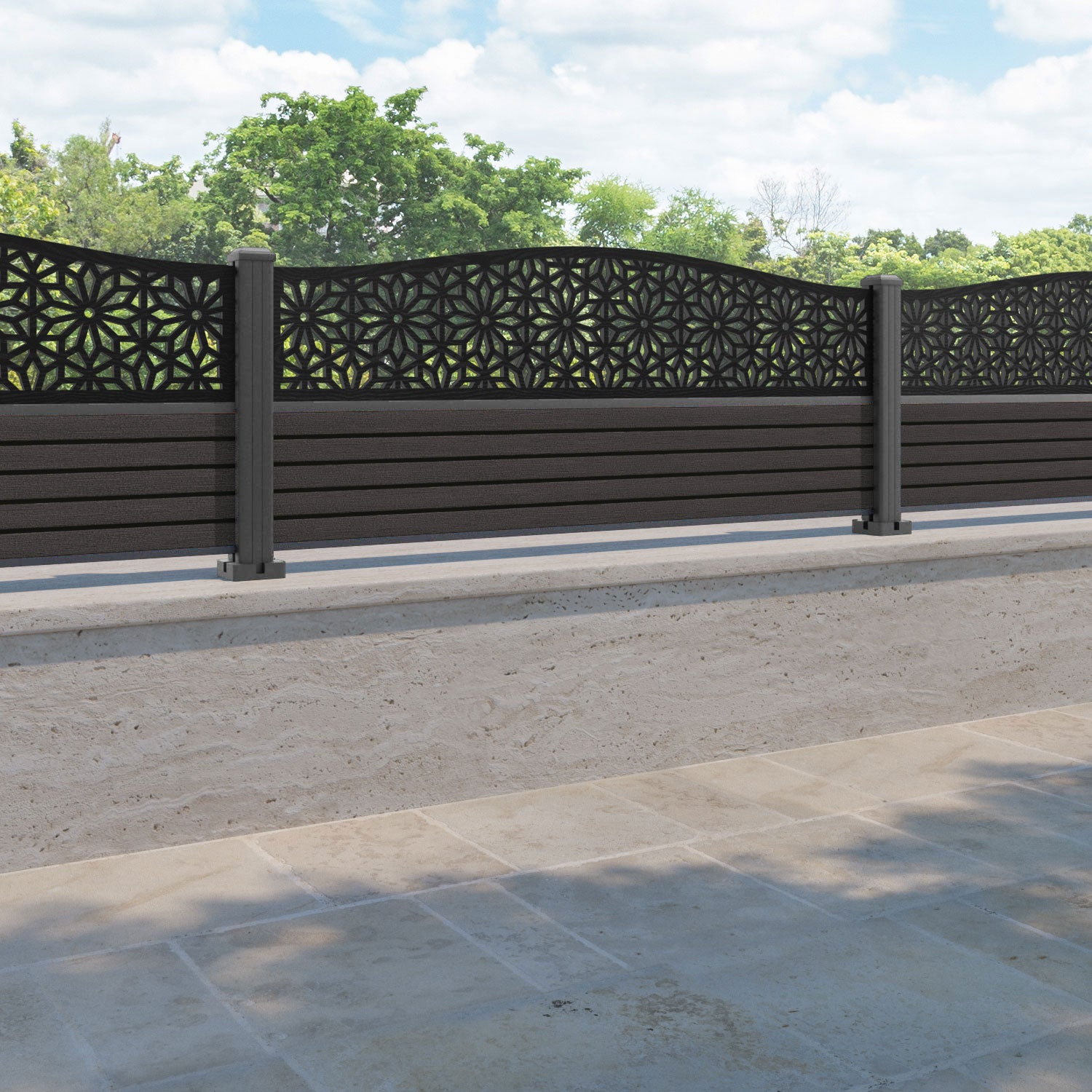 Hudson Narwa Curved Top Fence Panel - Dark Oak - with our aluminium posts