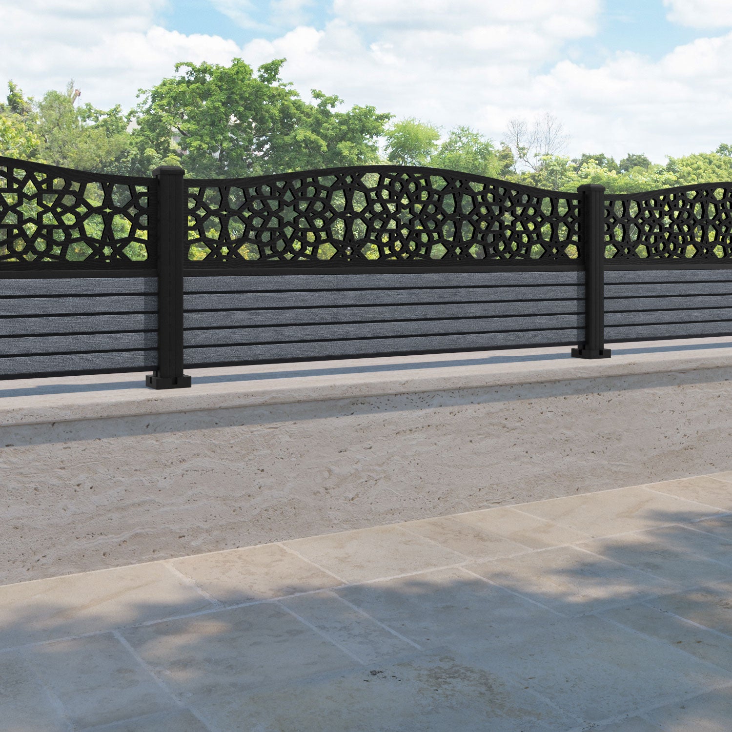 Hudson Nazira Curved Top Fence Panel - Anthracite - with our aluminium posts