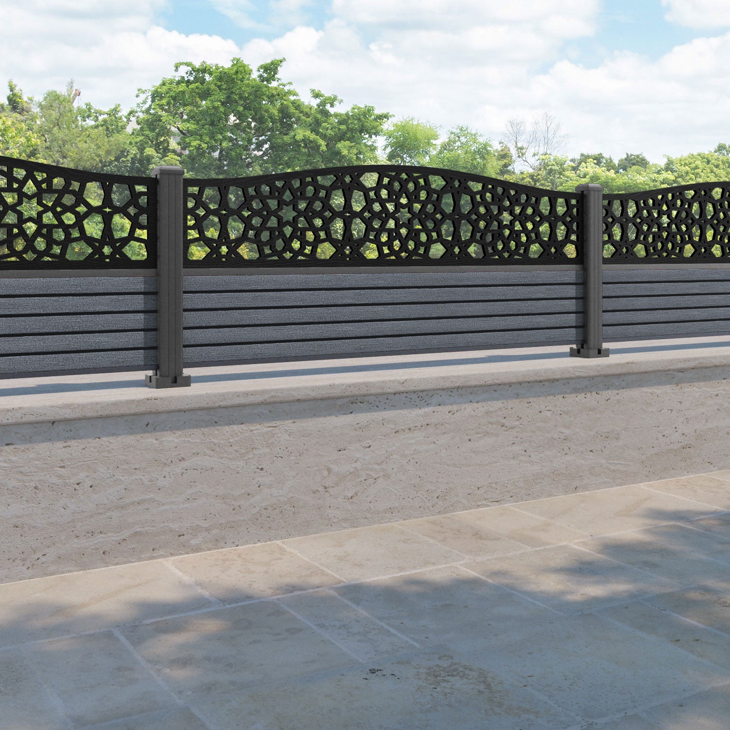 Hudson Nazira Curved Top Fence Panel - Anthracite - with our aluminium posts